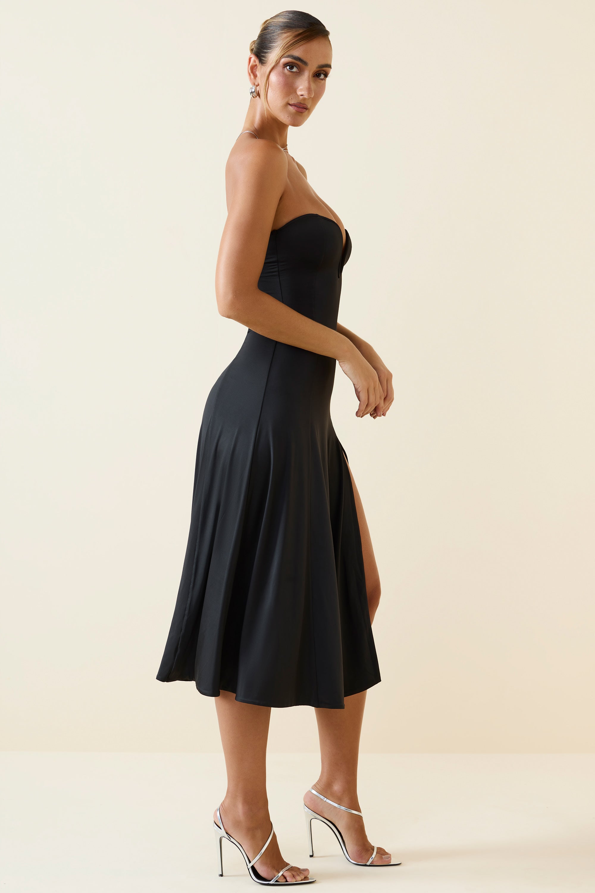 Slinky Jersey Strapless A-Line Midaxi Dress in Black
