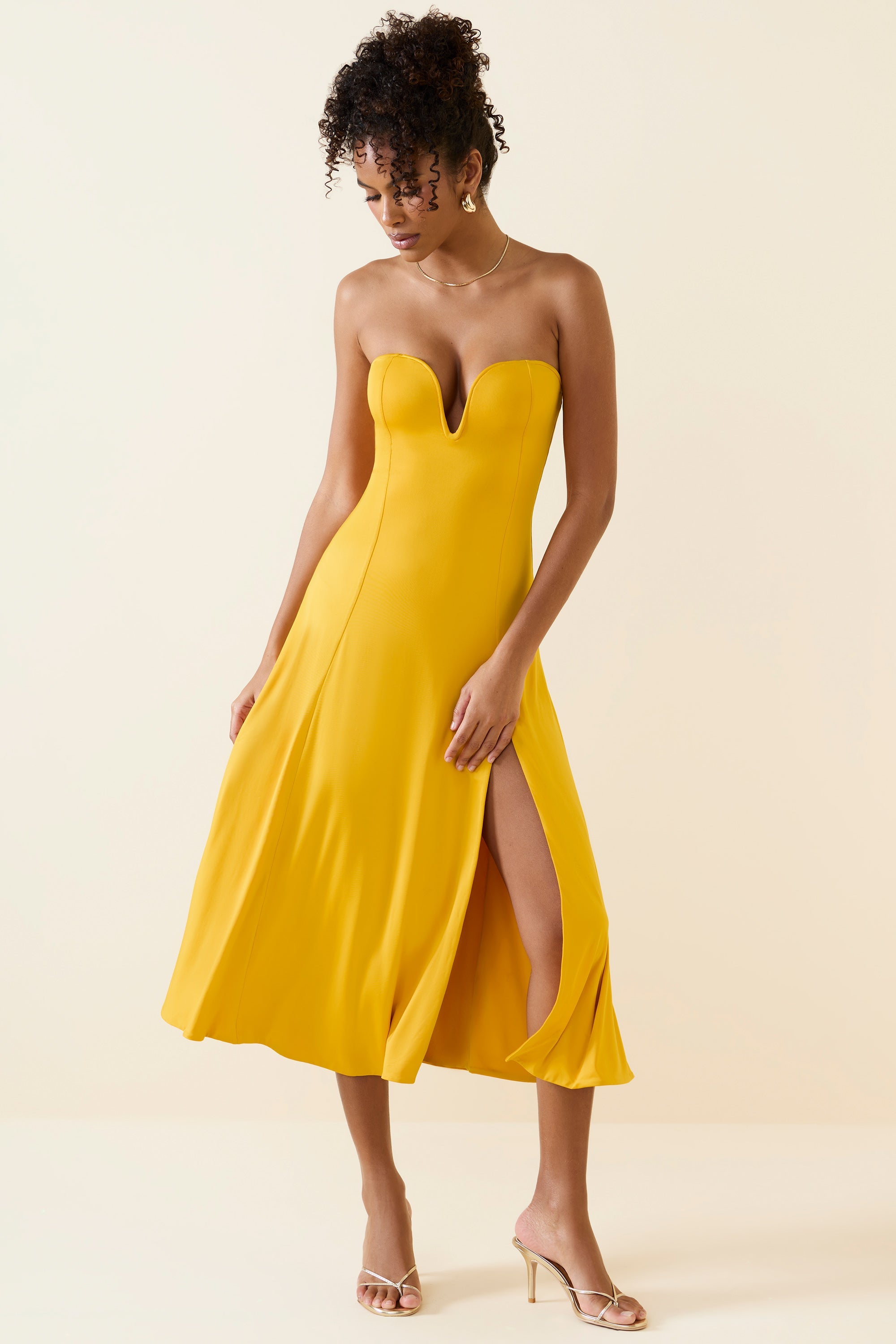 Slinky Jersey Strapless A-Line Midaxi Dress in Golden Yellow