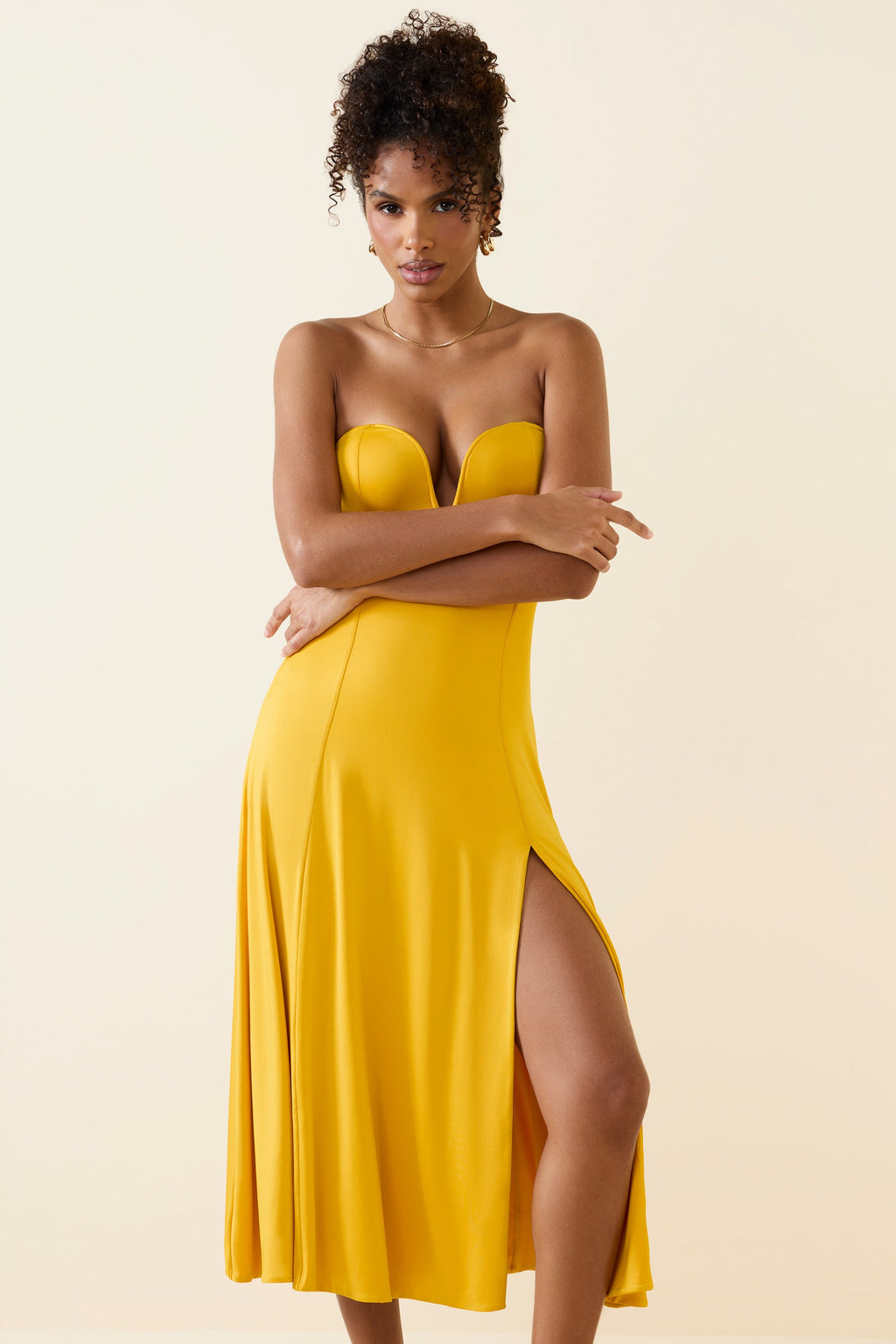 Slinky Jersey Strapless A-Line Midaxi Dress in Golden Yellow