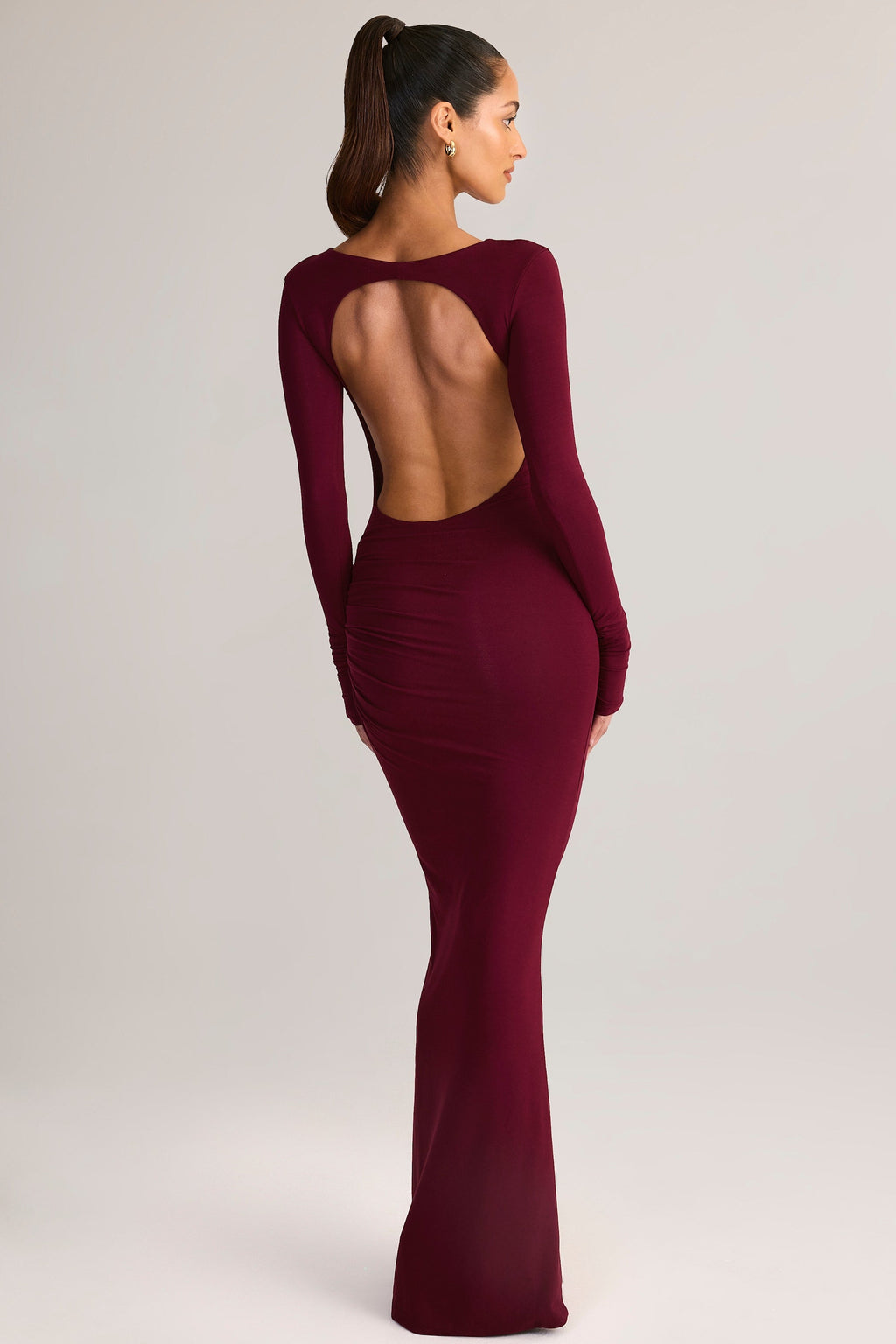 Modal Ruched Backless Maxi Dress in Wine