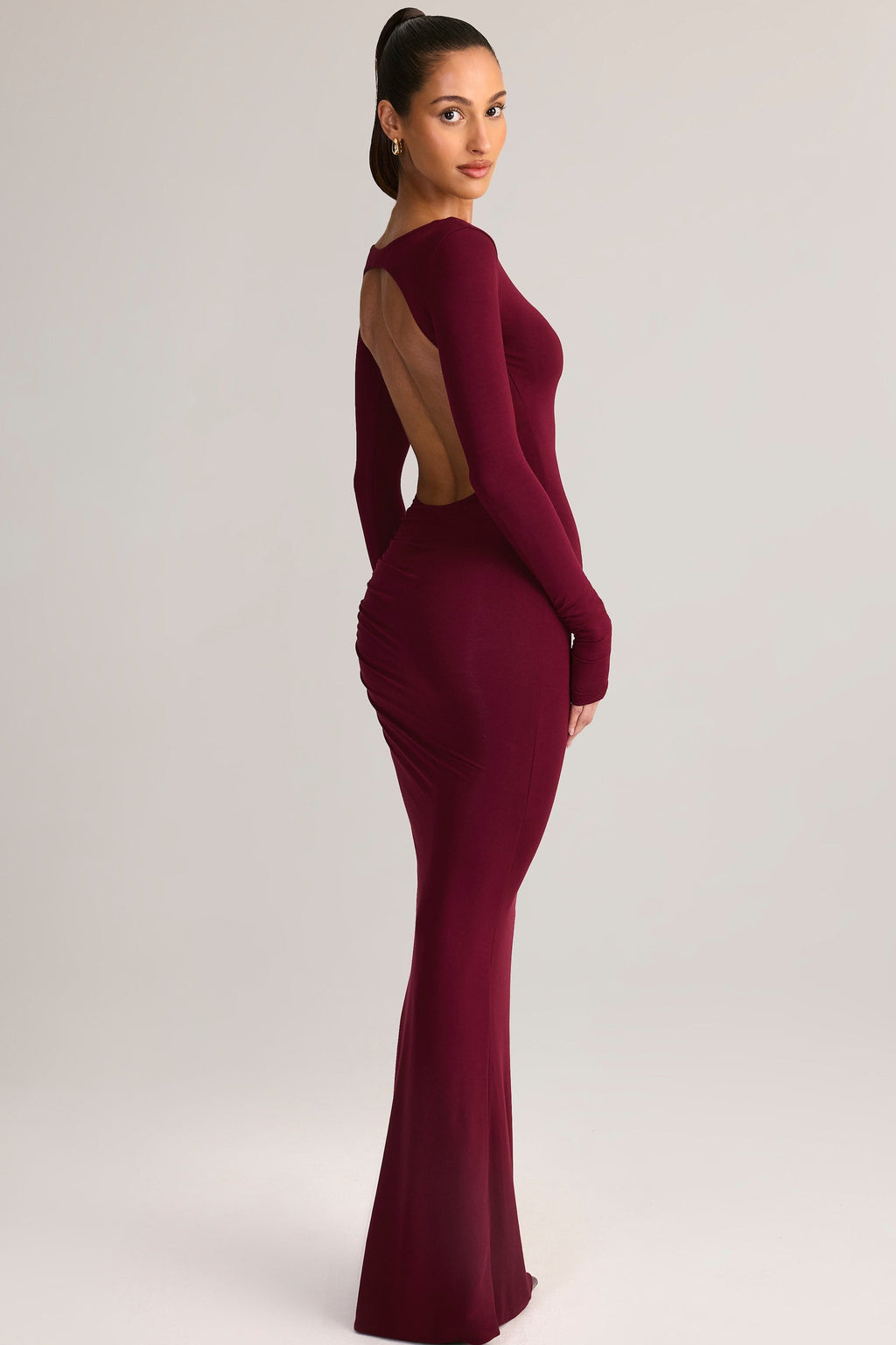 Modal Ruched Backless Maxi Dress in Wine