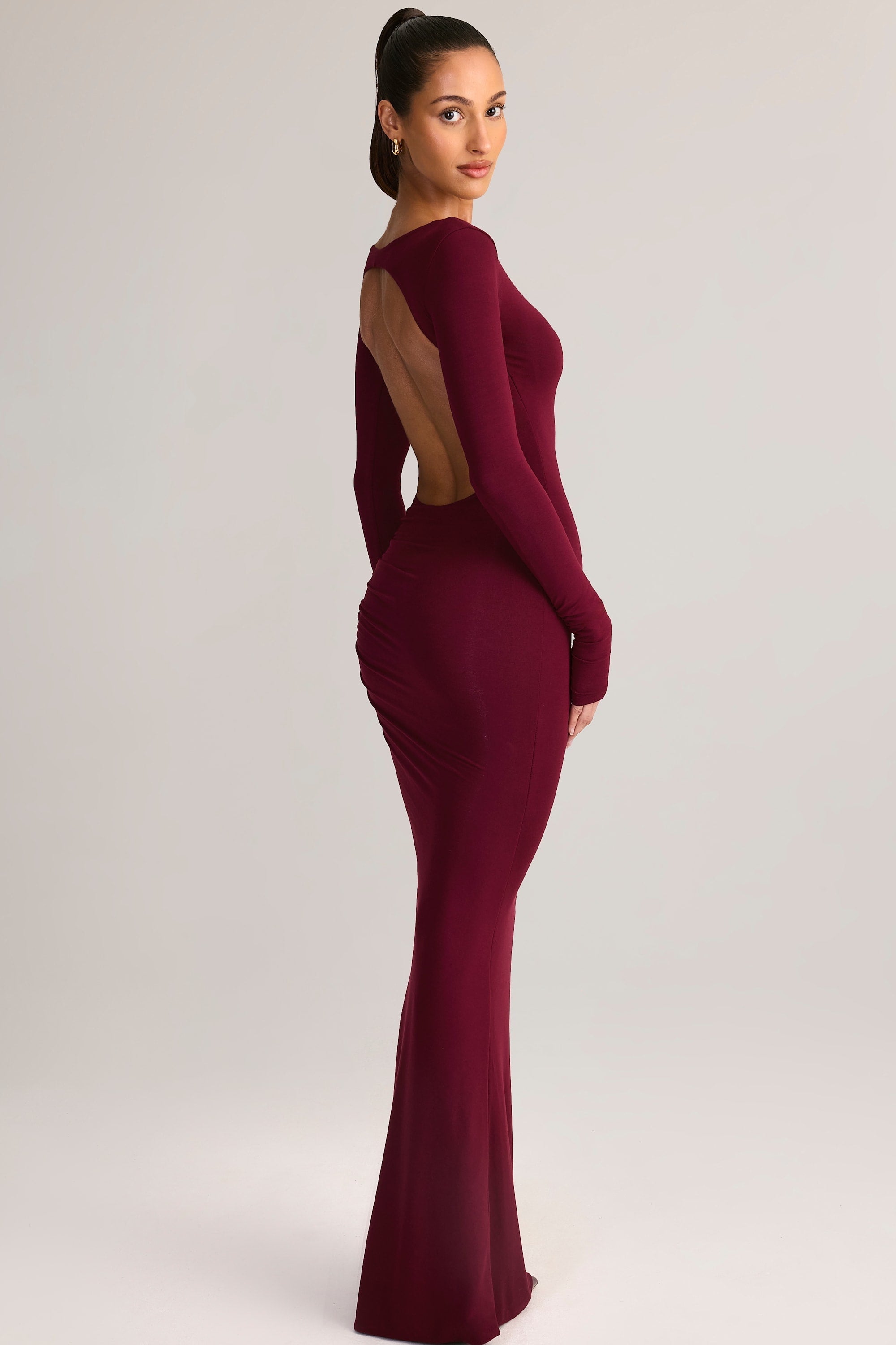 Modal Ruched Backless Maxi Dress in Wine
