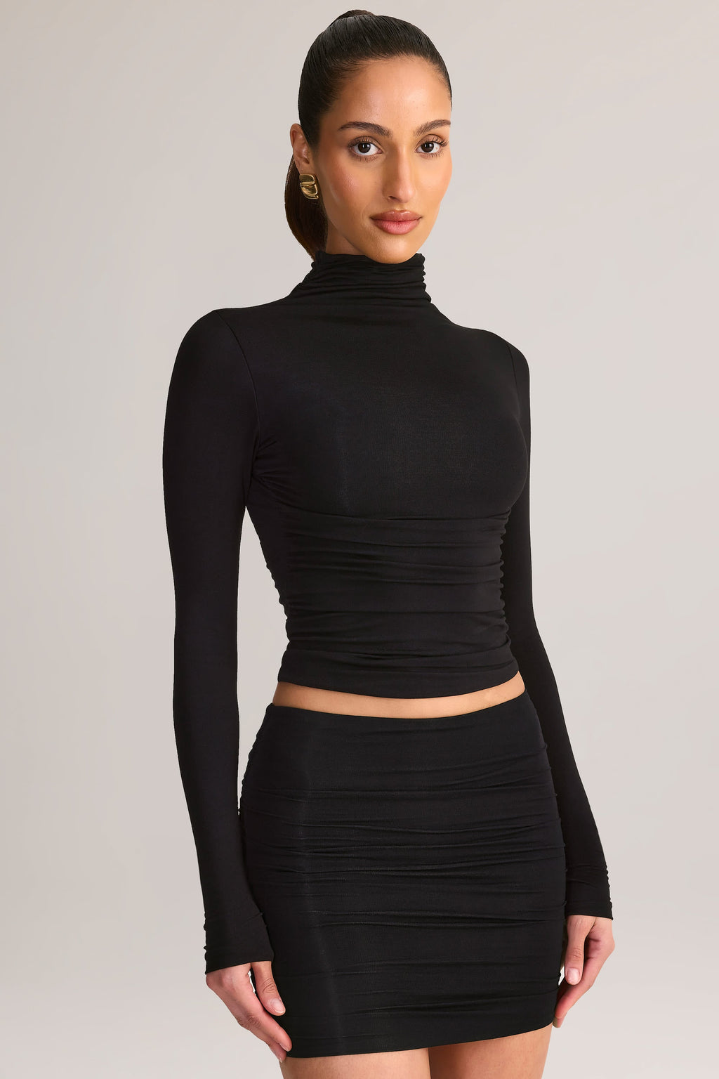 Modal Ruched Backless Turtleneck Top in Black