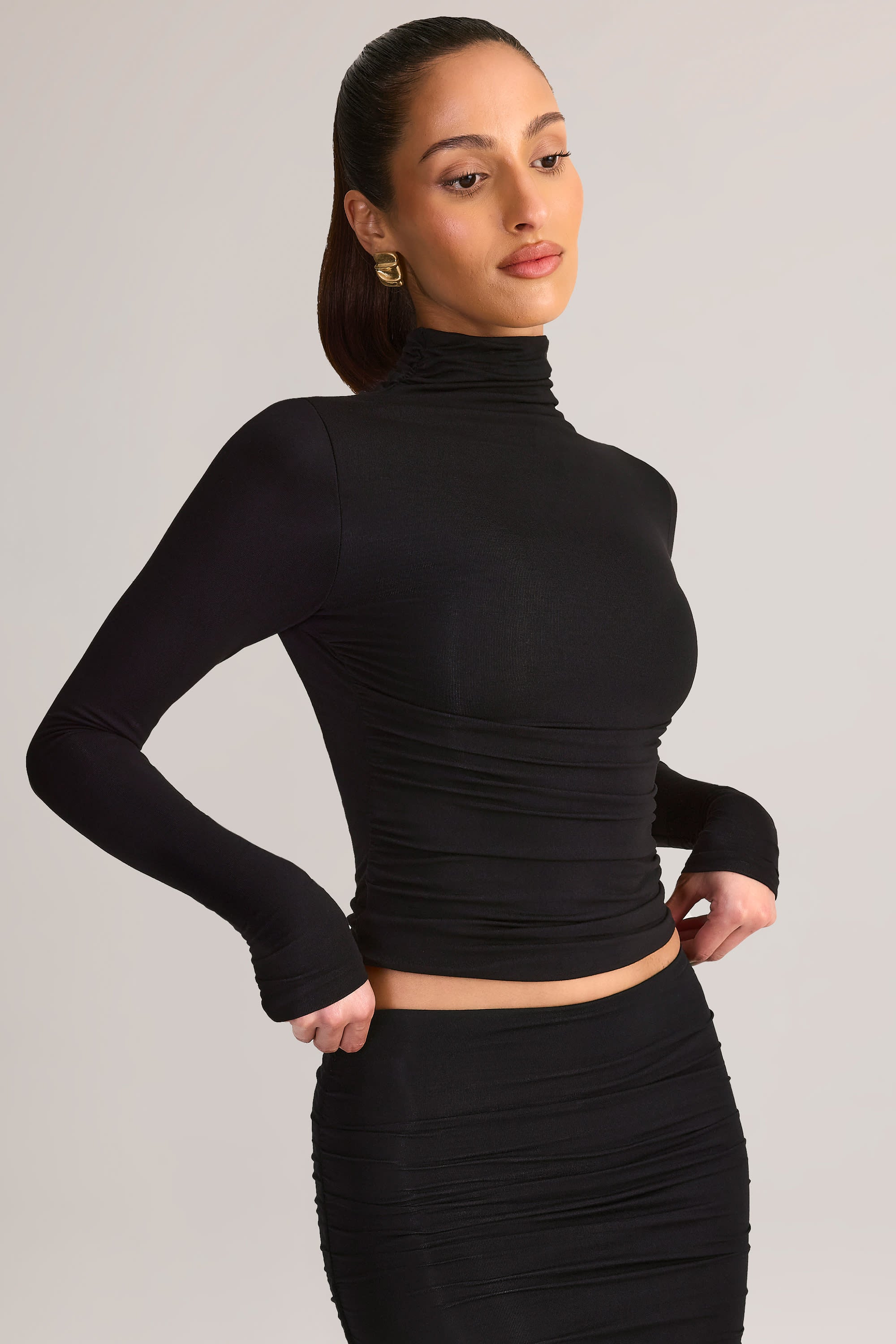 Modal Ruched Backless Turtleneck Top in Black