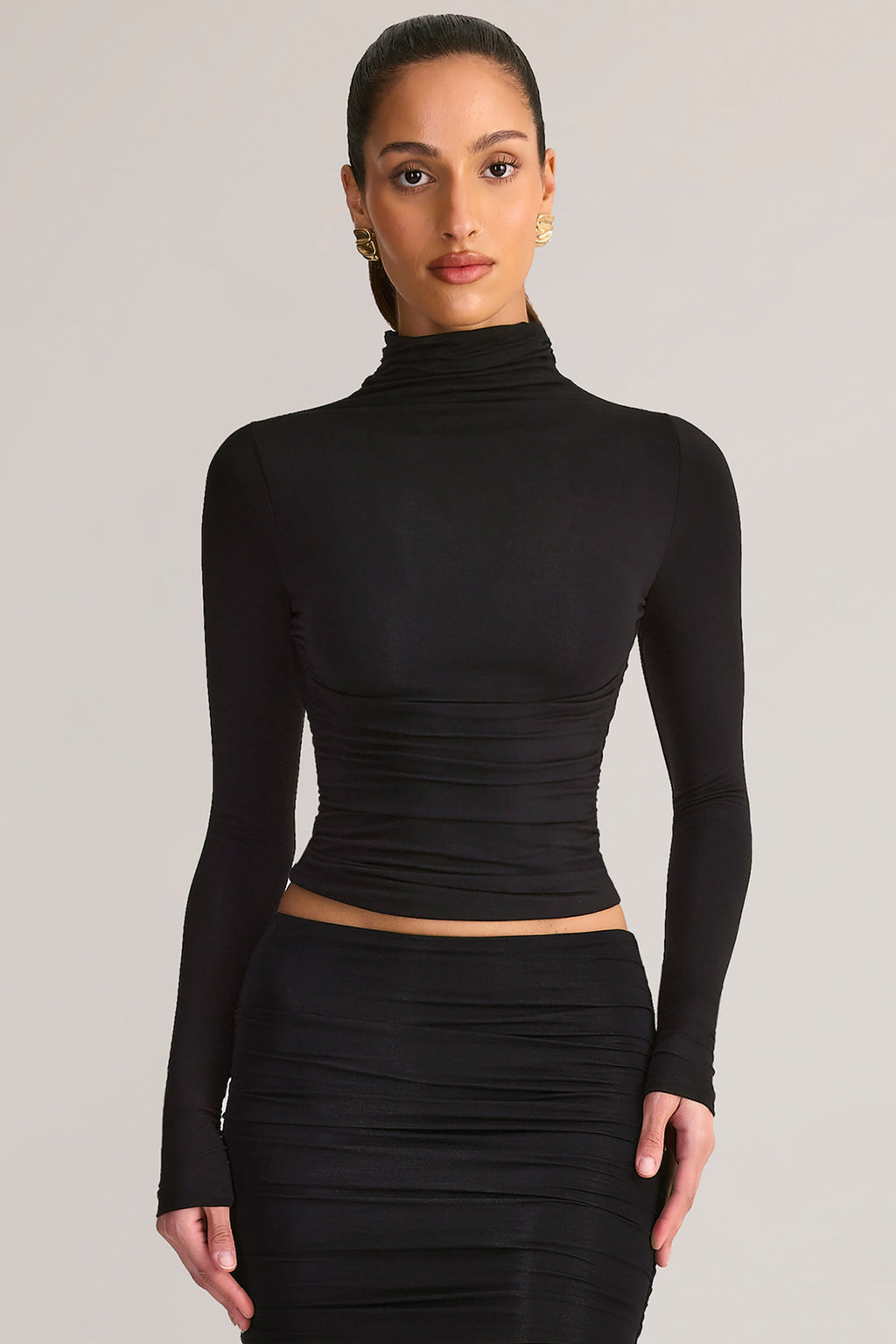 Modal Ruched Backless Turtleneck Top in Black