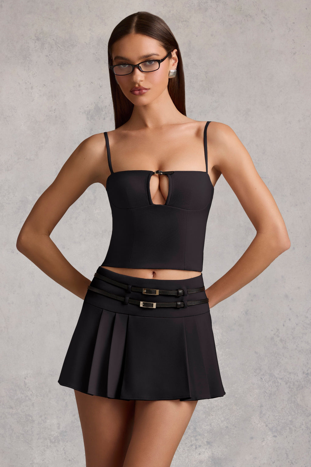 Belted Low-Rise Pleated Mini Skirt in Black