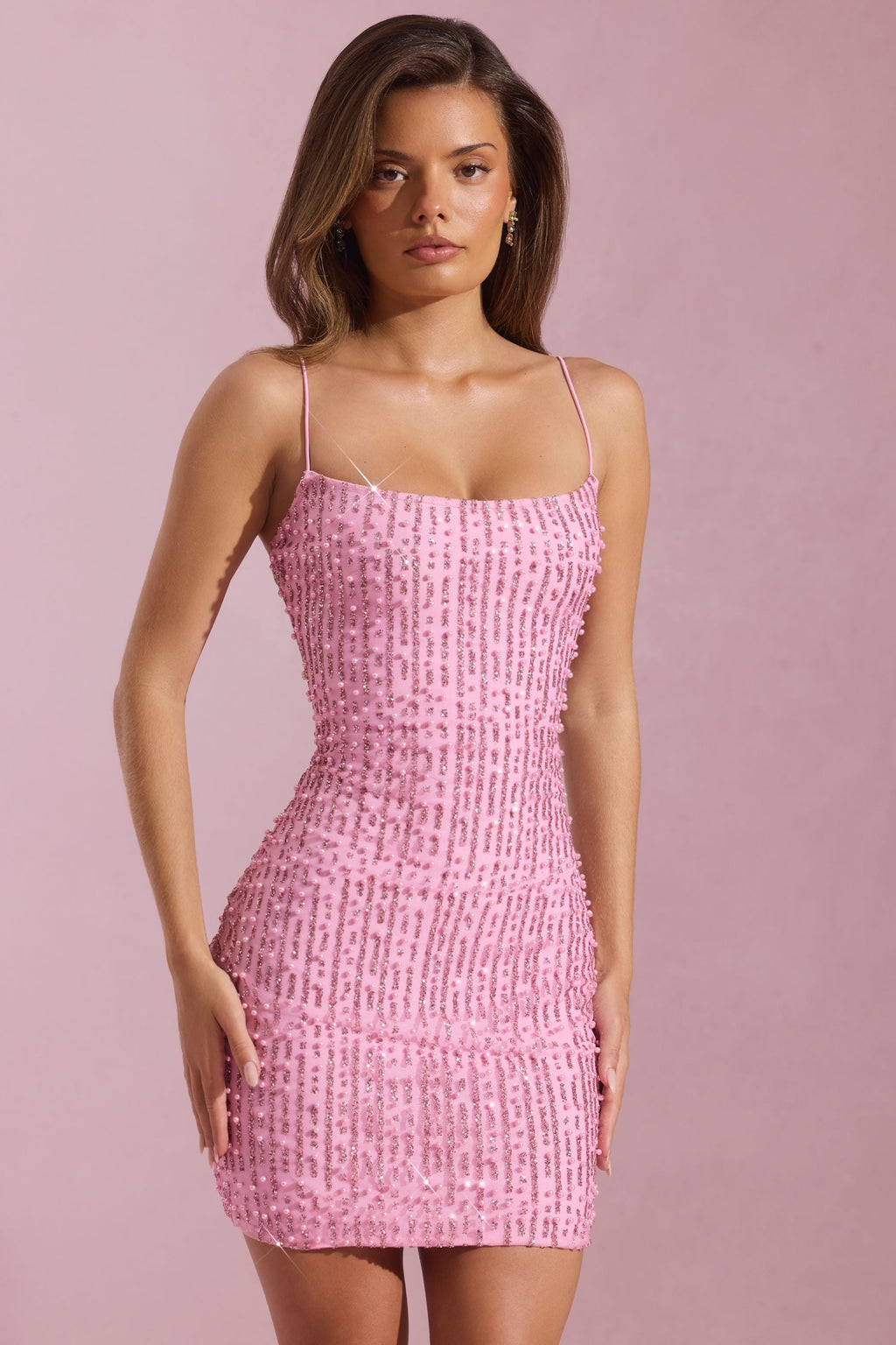 Embellished Scoop-Neck Bodycon Mini Dress in Pink