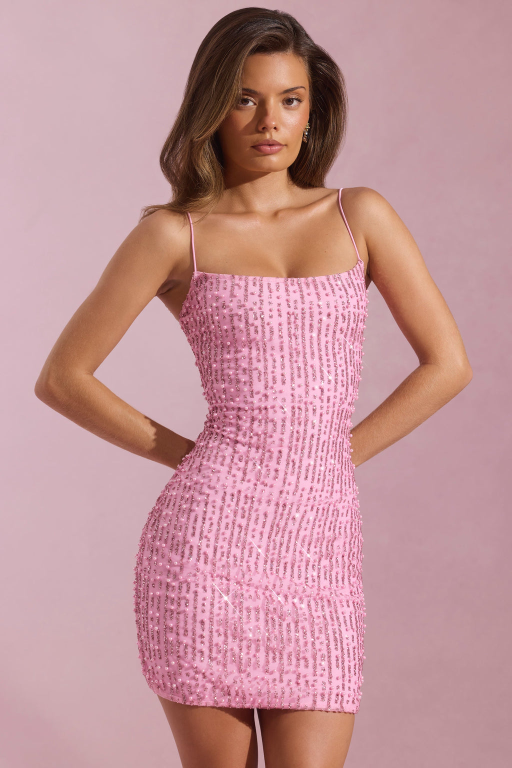 Embellished Scoop-Neck Bodycon Mini Dress in Pink