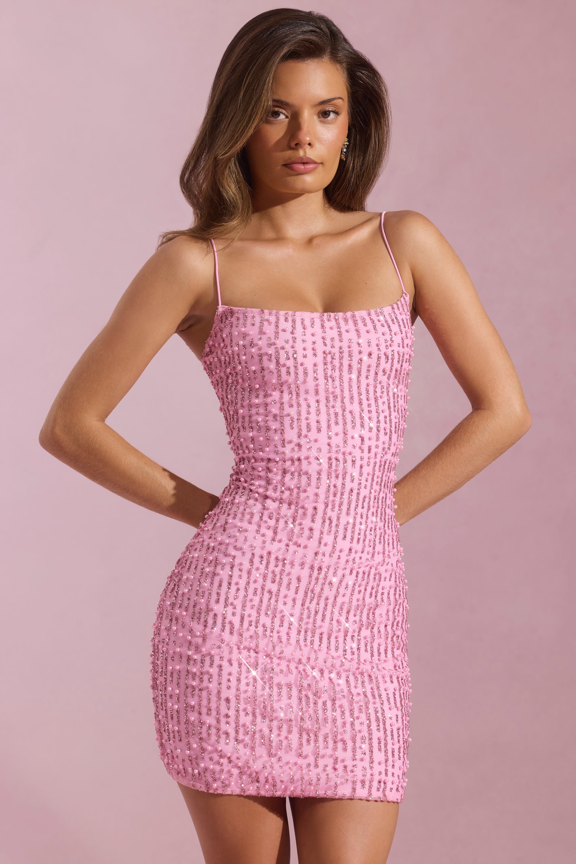 Embellished Scoop-Neck Bodycon Mini Dress in Pink