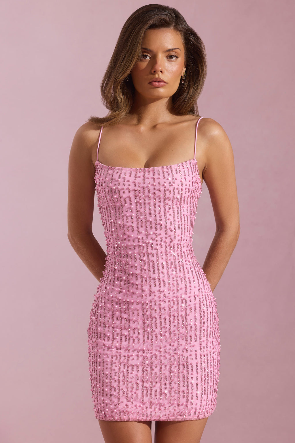Embellished Scoop-Neck Bodycon Mini Dress in Pink