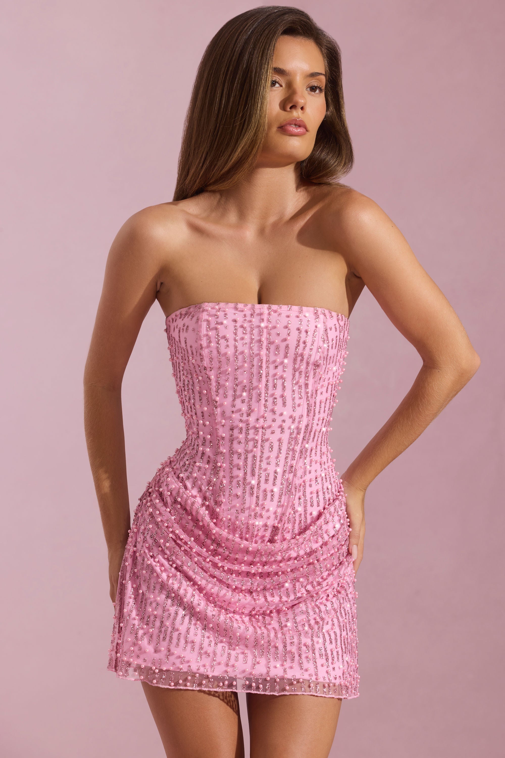 Embellished Draped Strapless A-Line Mini Dress in Pink