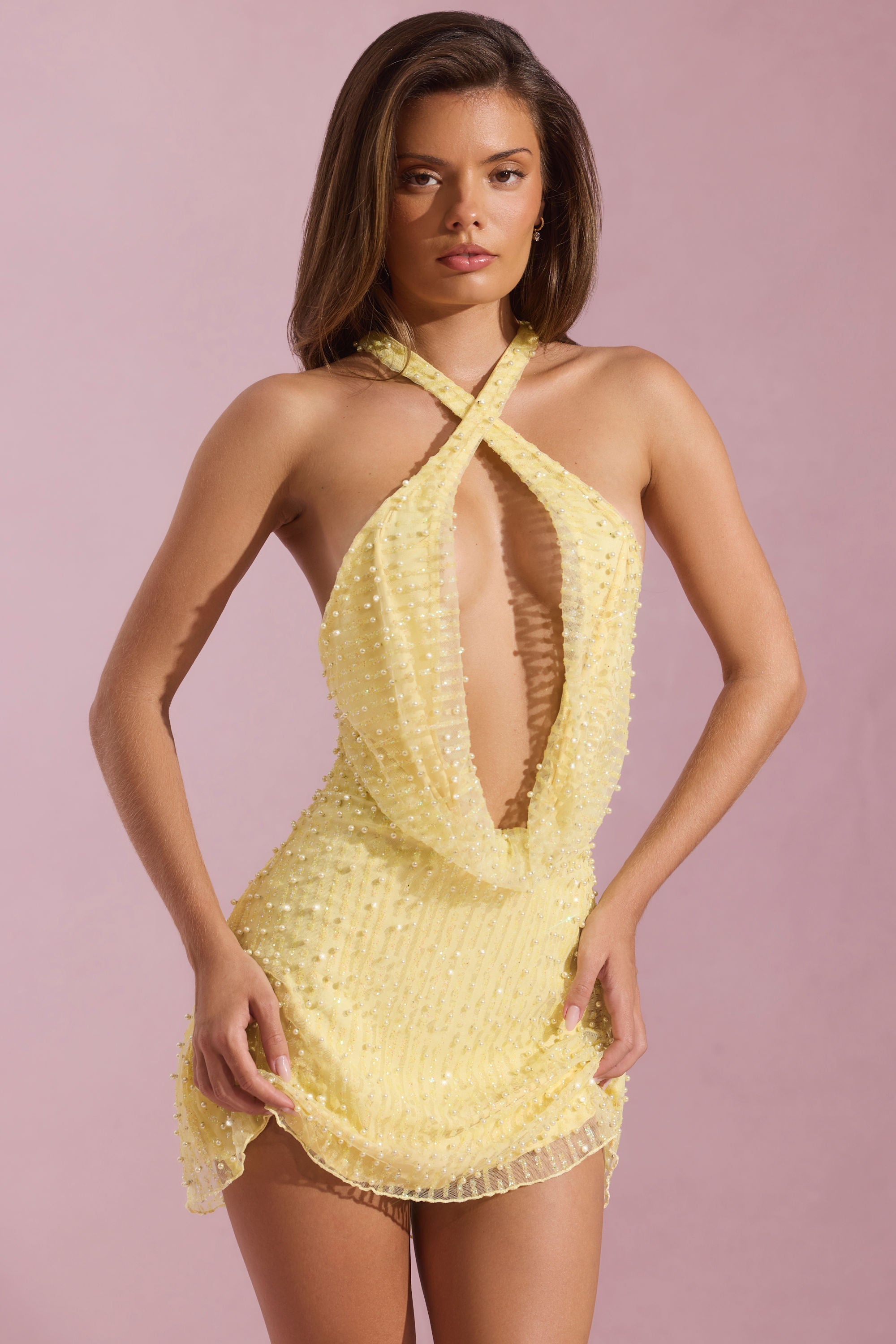 Embellished Cowl-Neck Backless Mini Dress in Yellow