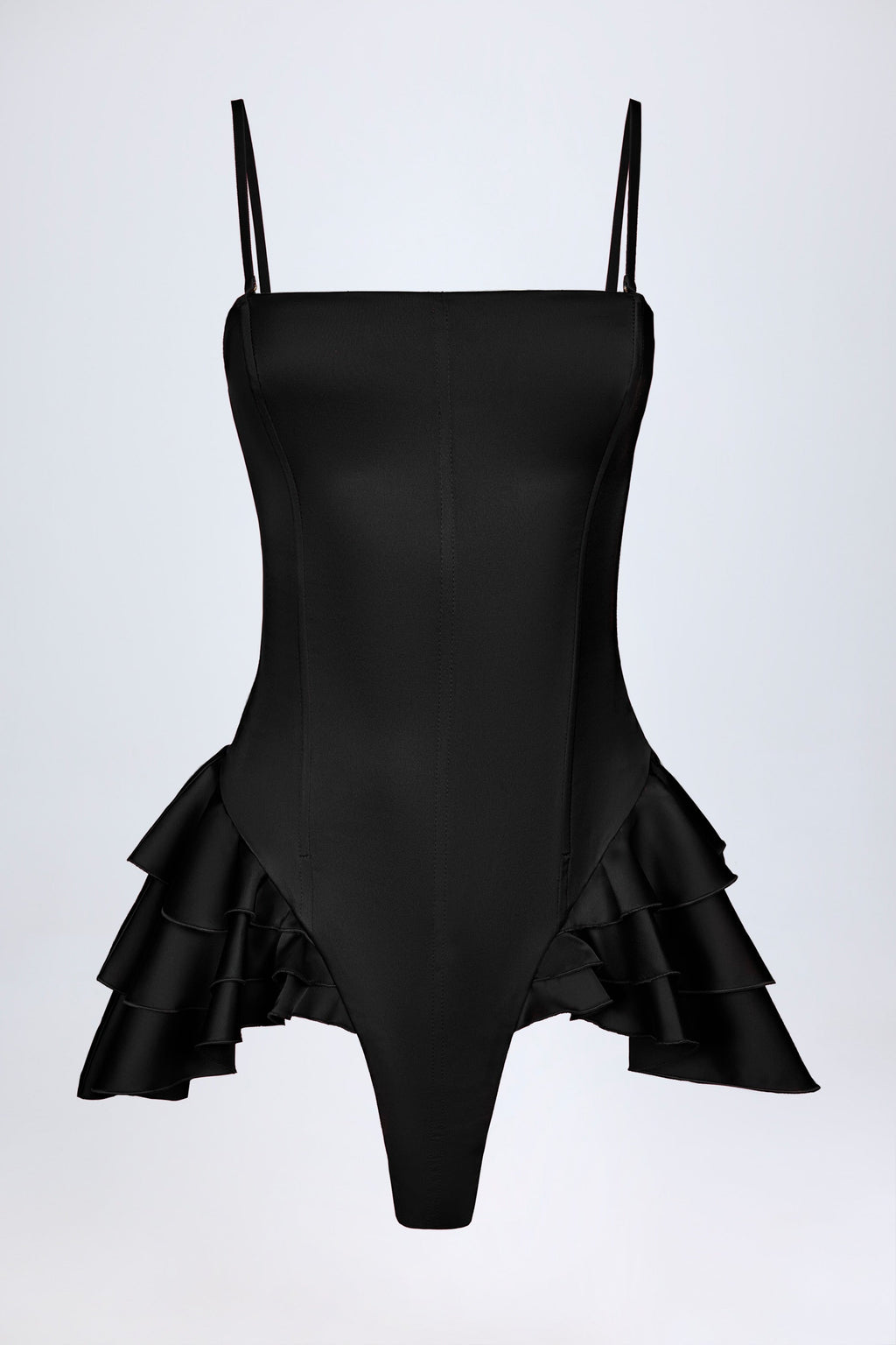 Ruffled Lace-Up Corset Playsuit in Black