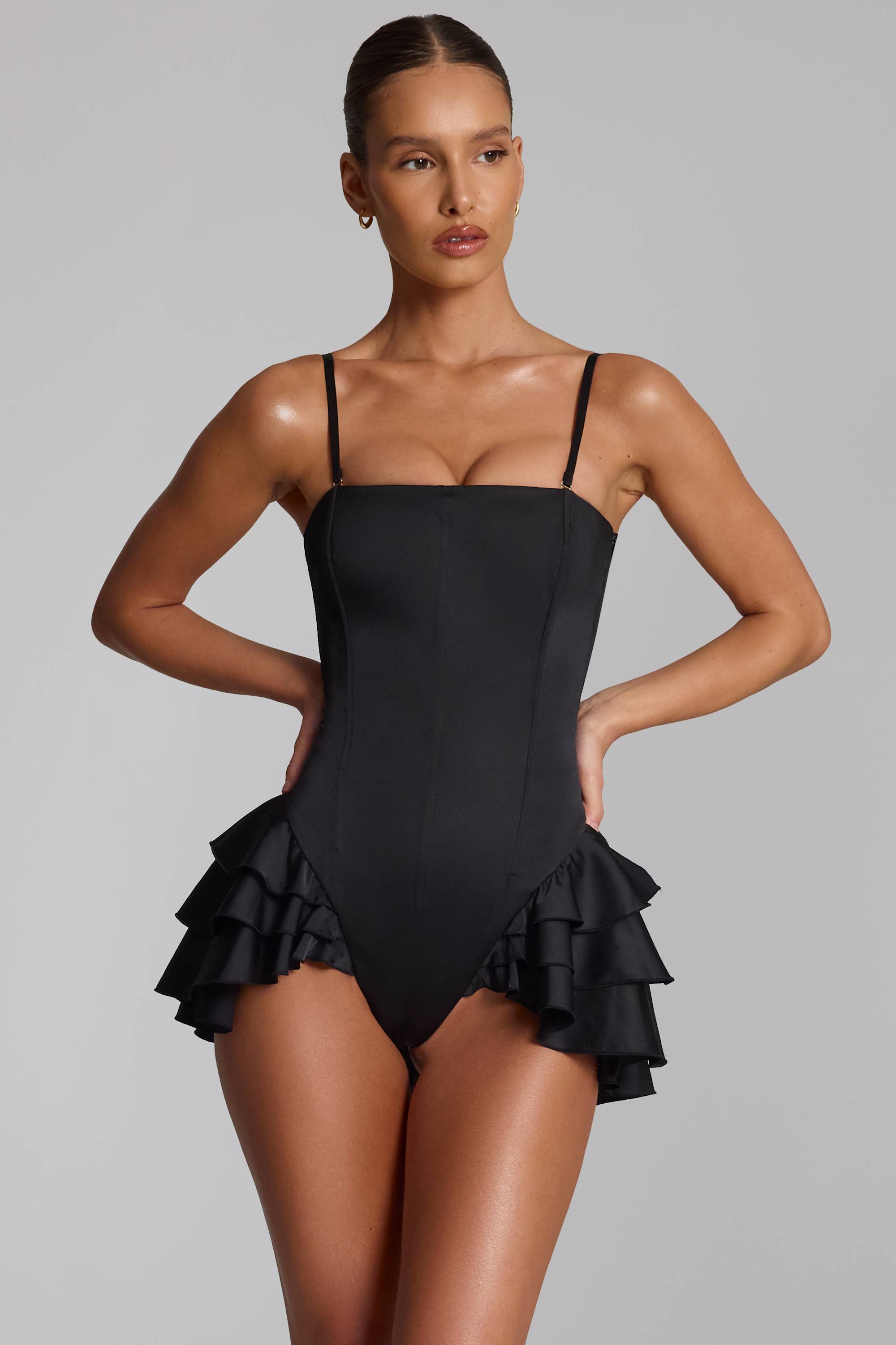 Ruffled Lace-Up Corset Playsuit in Black