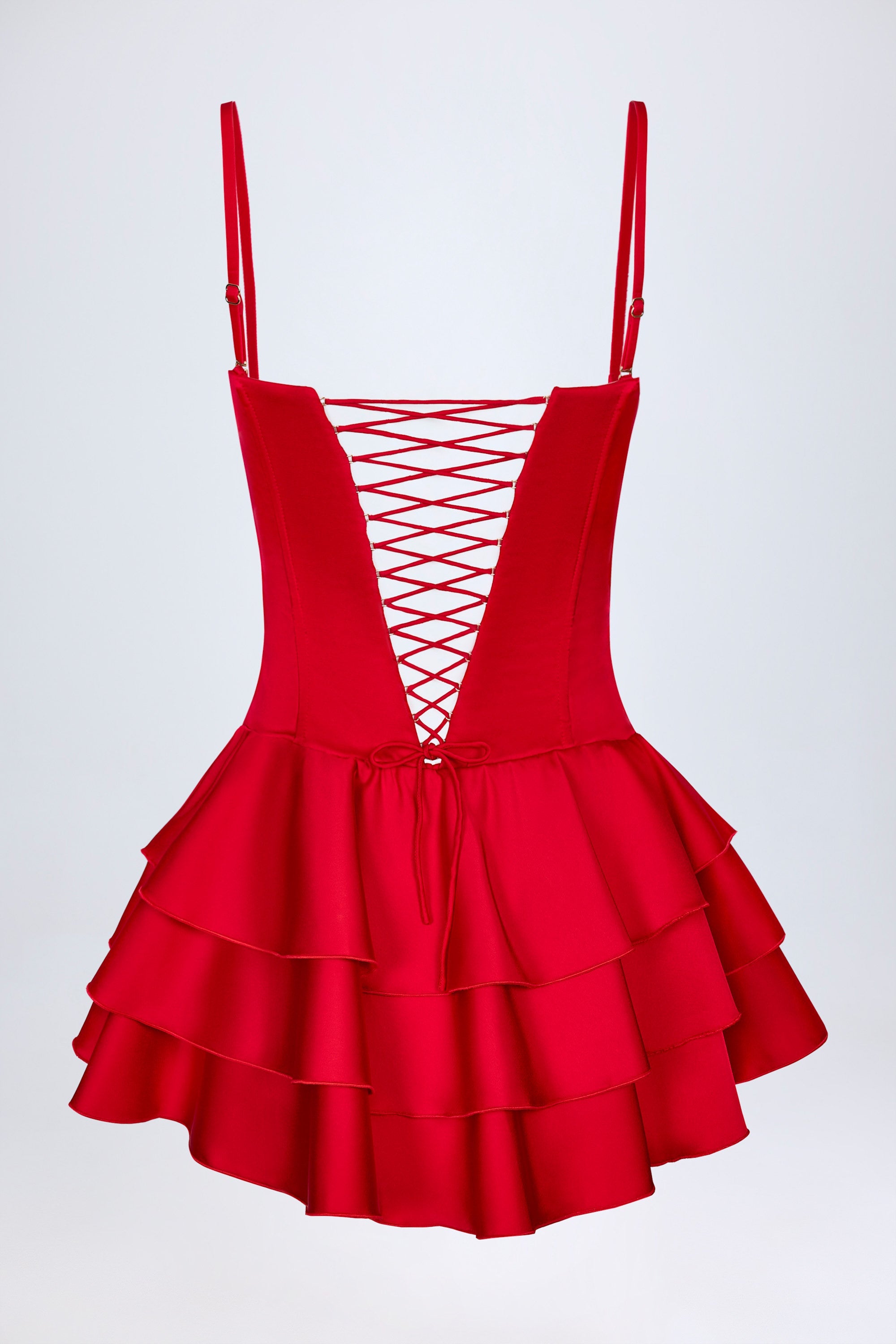 Ruffled Lace-Up Corset Playsuit in Fire Red