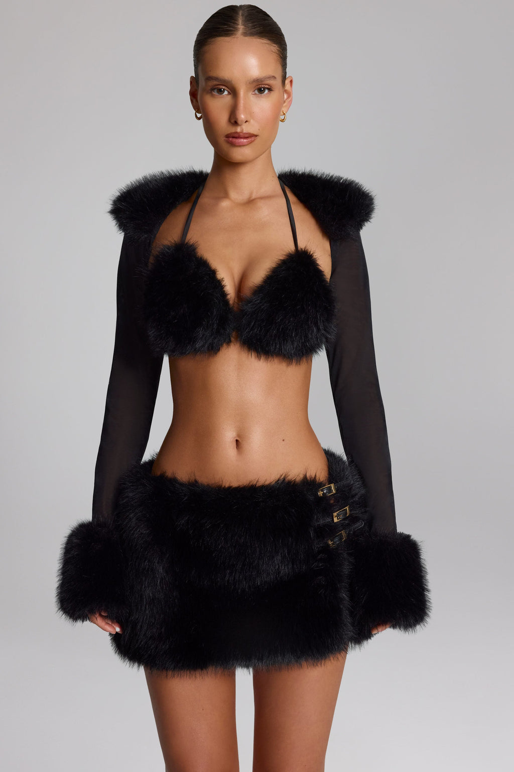 Faux Fur-Trim Bolero in Black