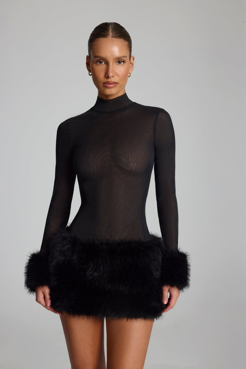 Faux Fur-Trim Turtleneck Mini Dress in Black