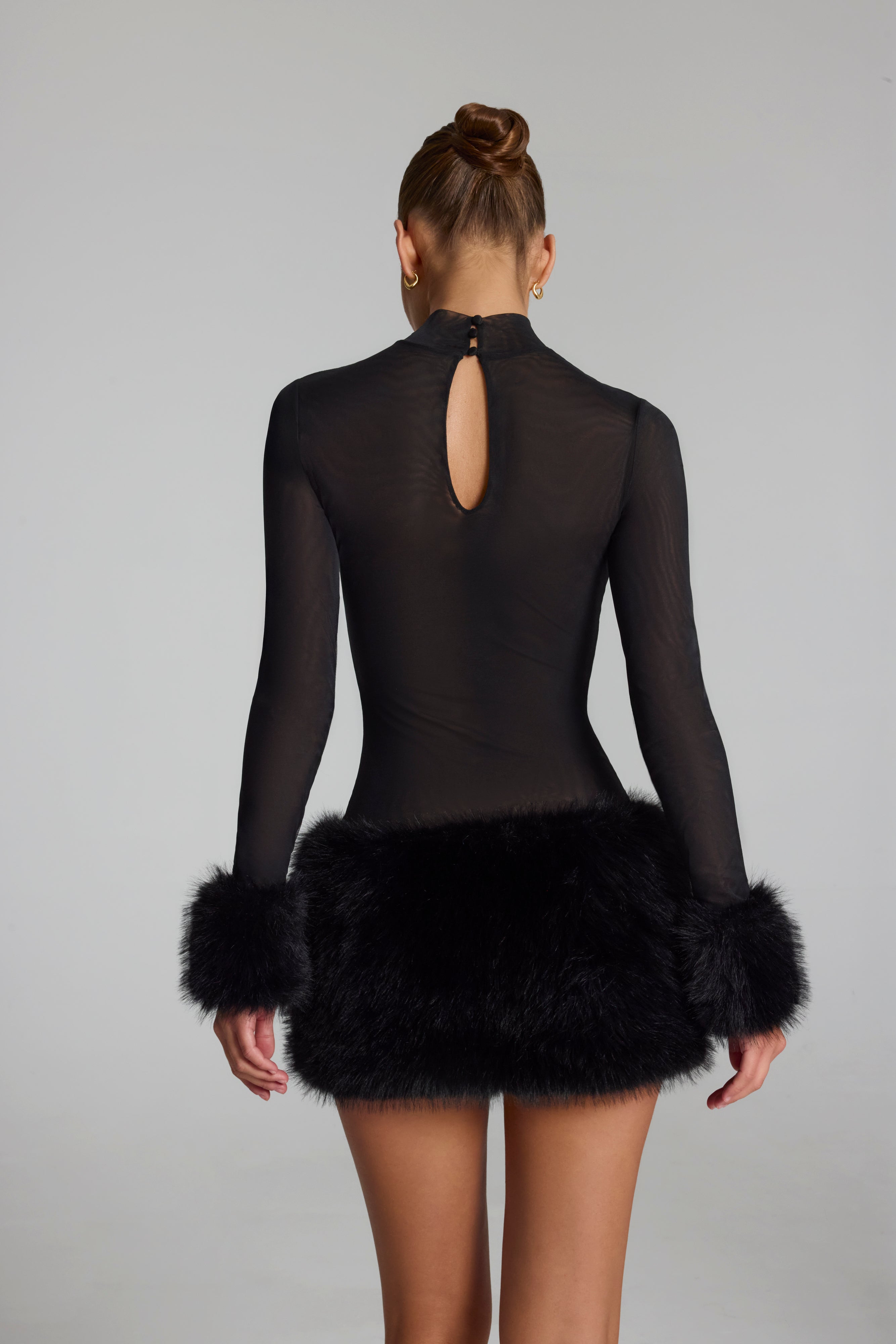 Faux Fur-Trim Turtleneck Mini Dress in Black