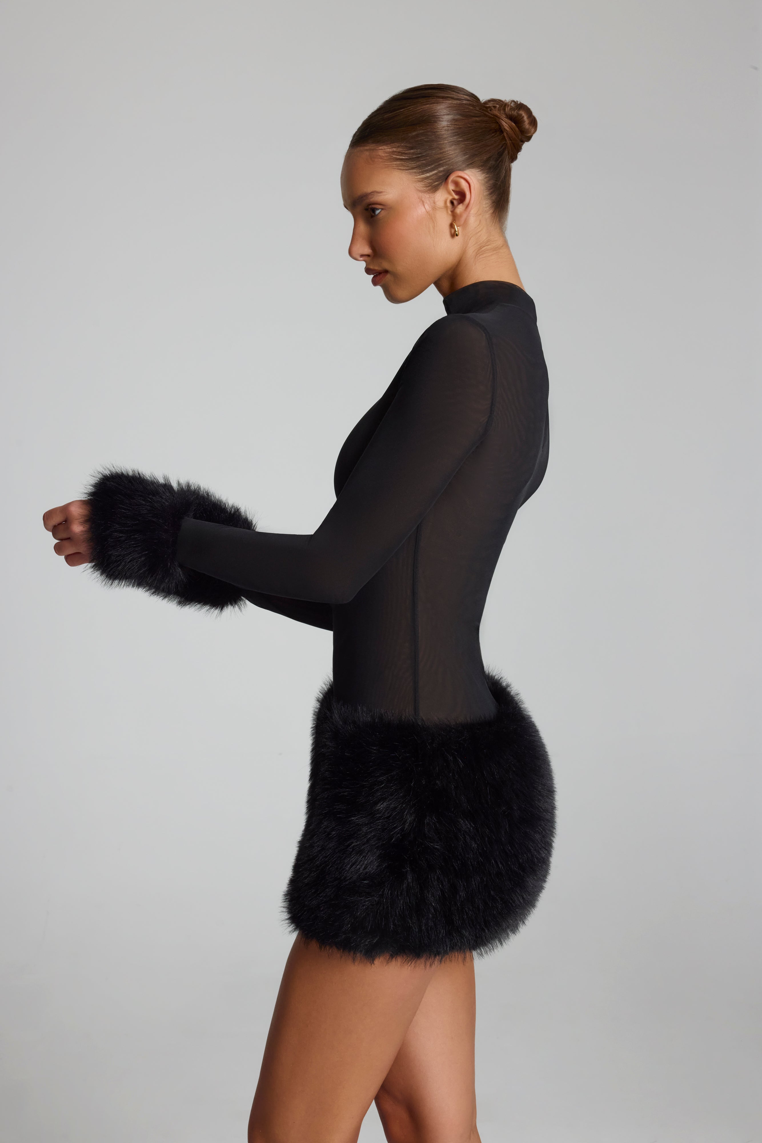 Faux Fur-Trim Turtleneck Mini Dress in Black
