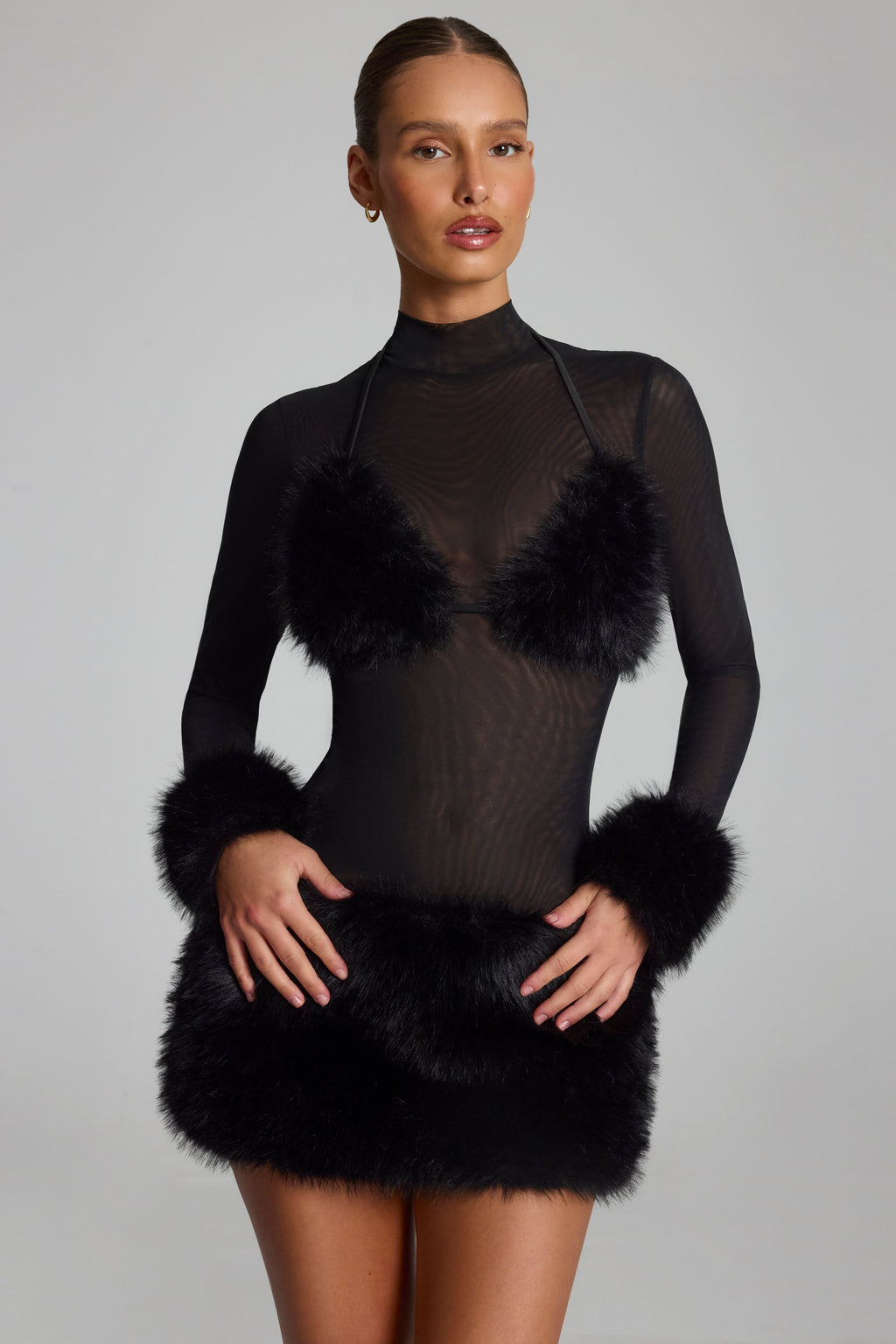 Faux Fur-Trim Turtleneck Mini Dress in Black