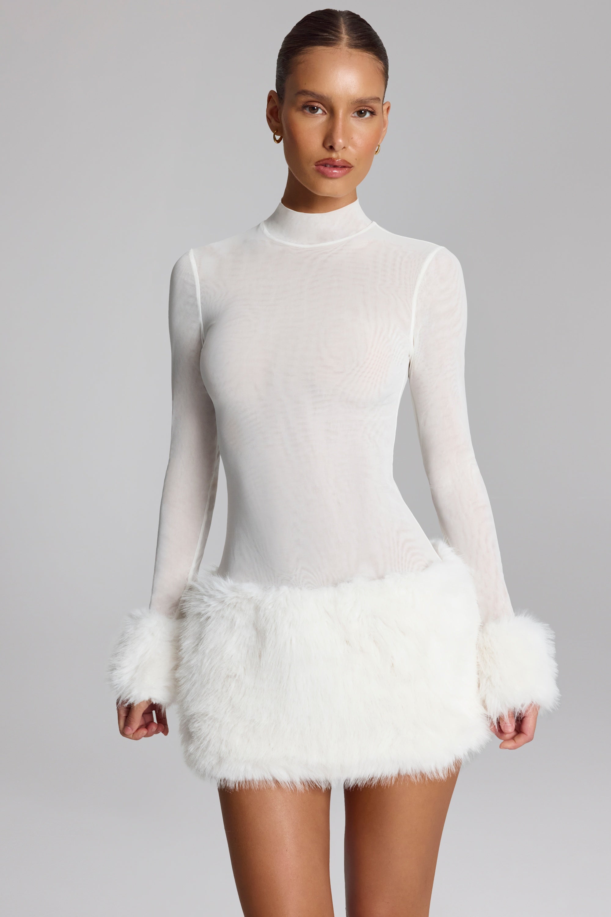 Faux Fur-Trim Turtleneck Mini Dress in White
