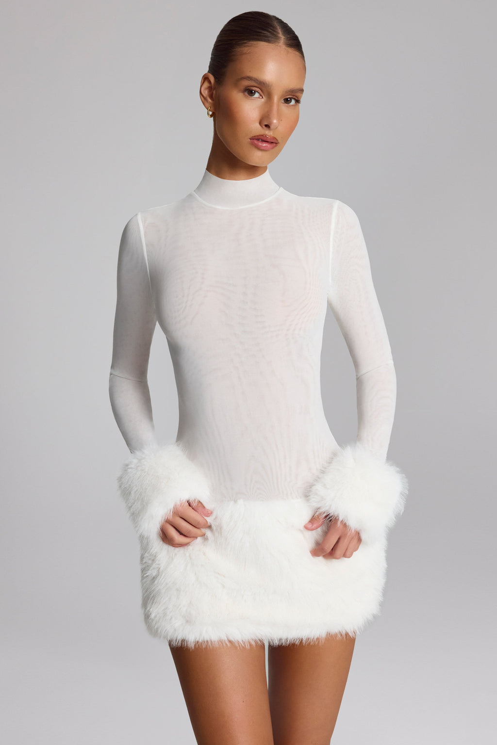 Faux Fur-Trim Turtleneck Mini Dress in White