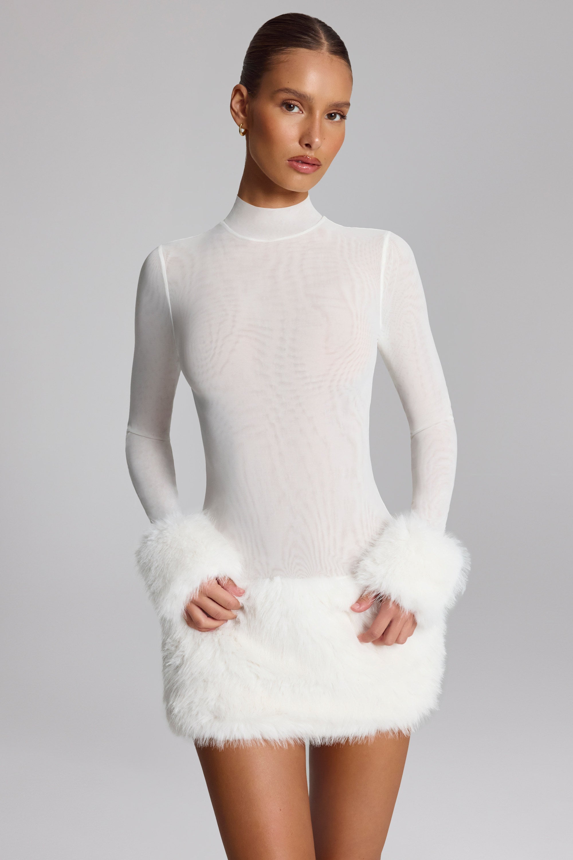 Faux Fur-Trim Turtleneck Mini Dress in White
