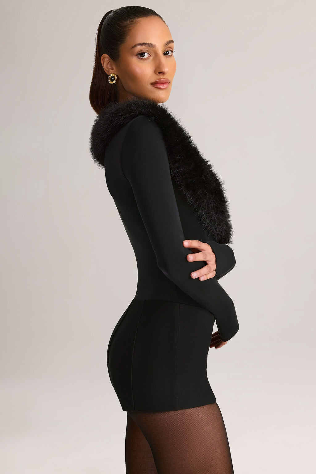 Faux Fur-Trim Playsuit in Black