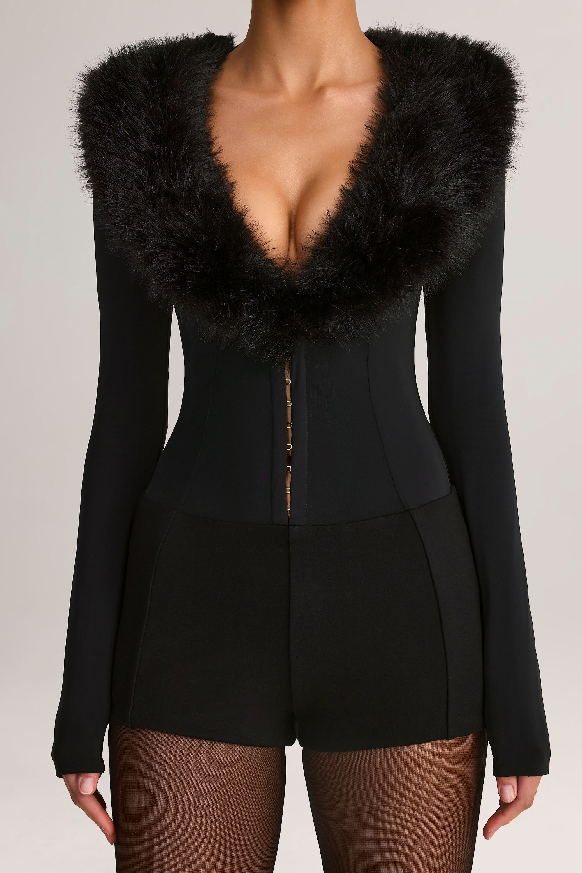 Faux Fur-Trim Playsuit in Black