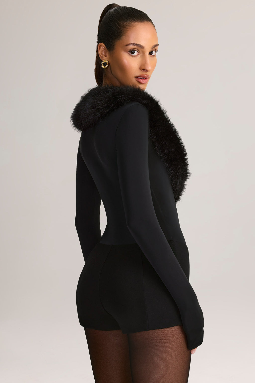 Faux Fur-Trim Playsuit in Black