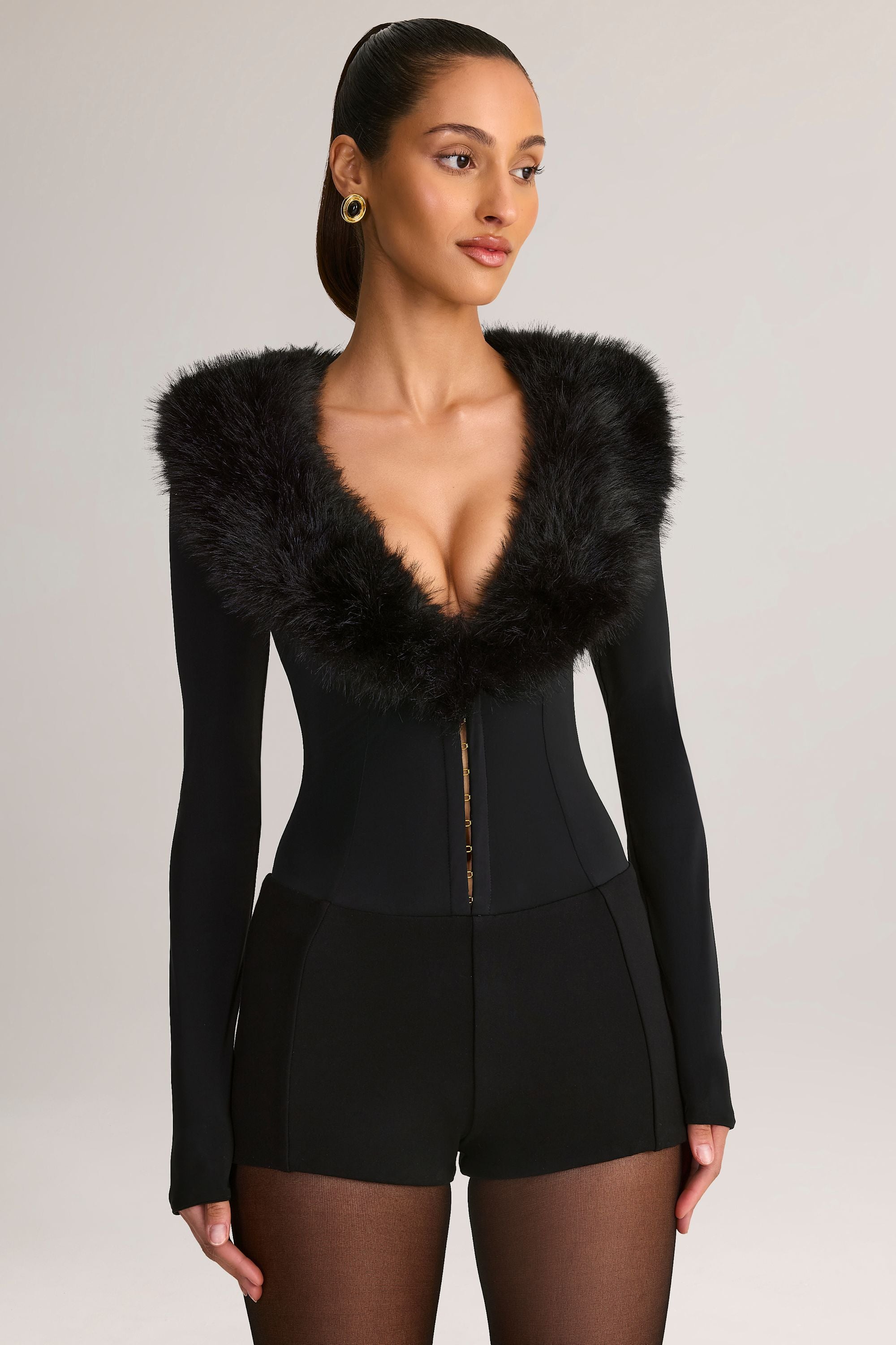 Faux Fur-Trim Playsuit in Black
