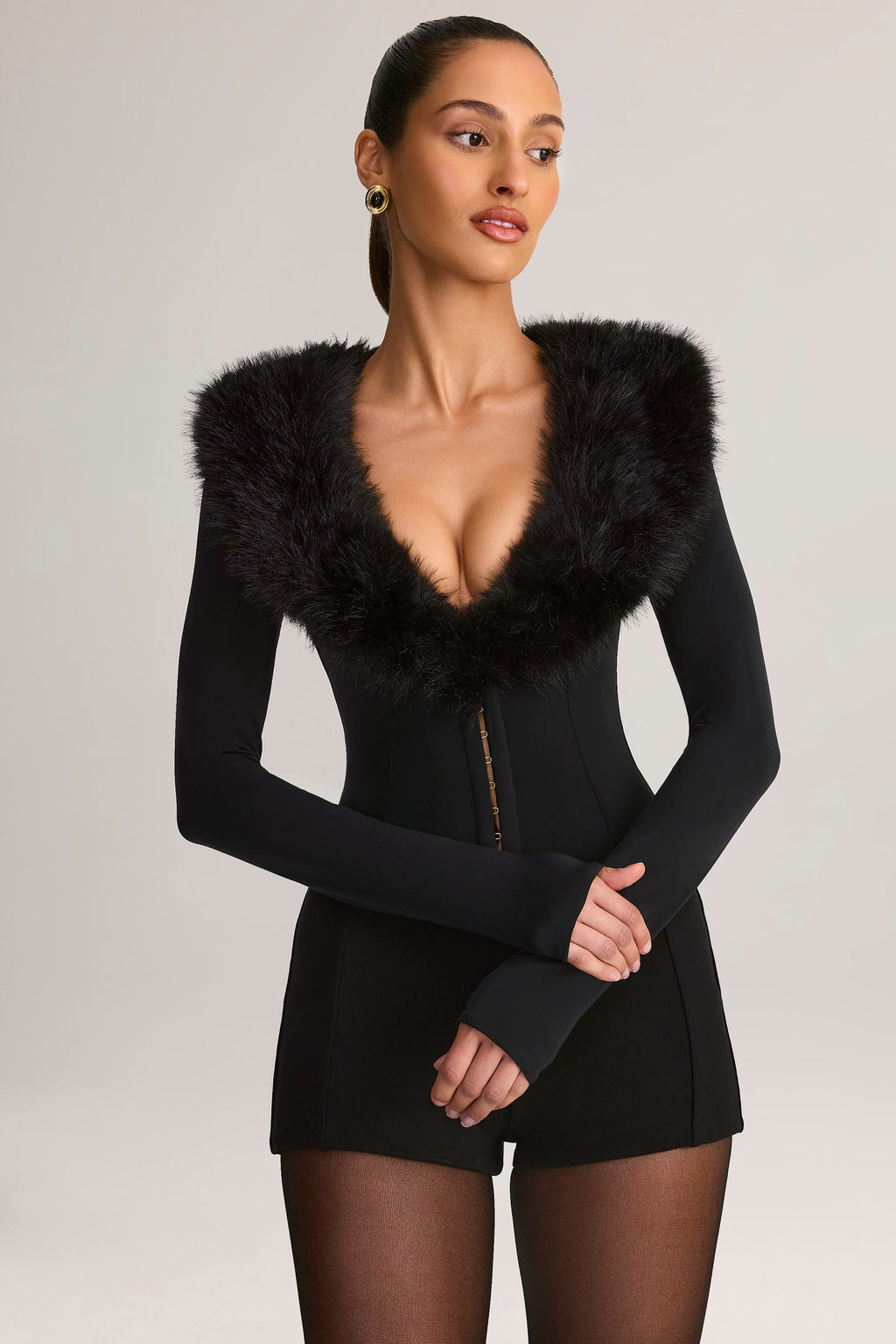 Faux Fur-Trim Playsuit in Black