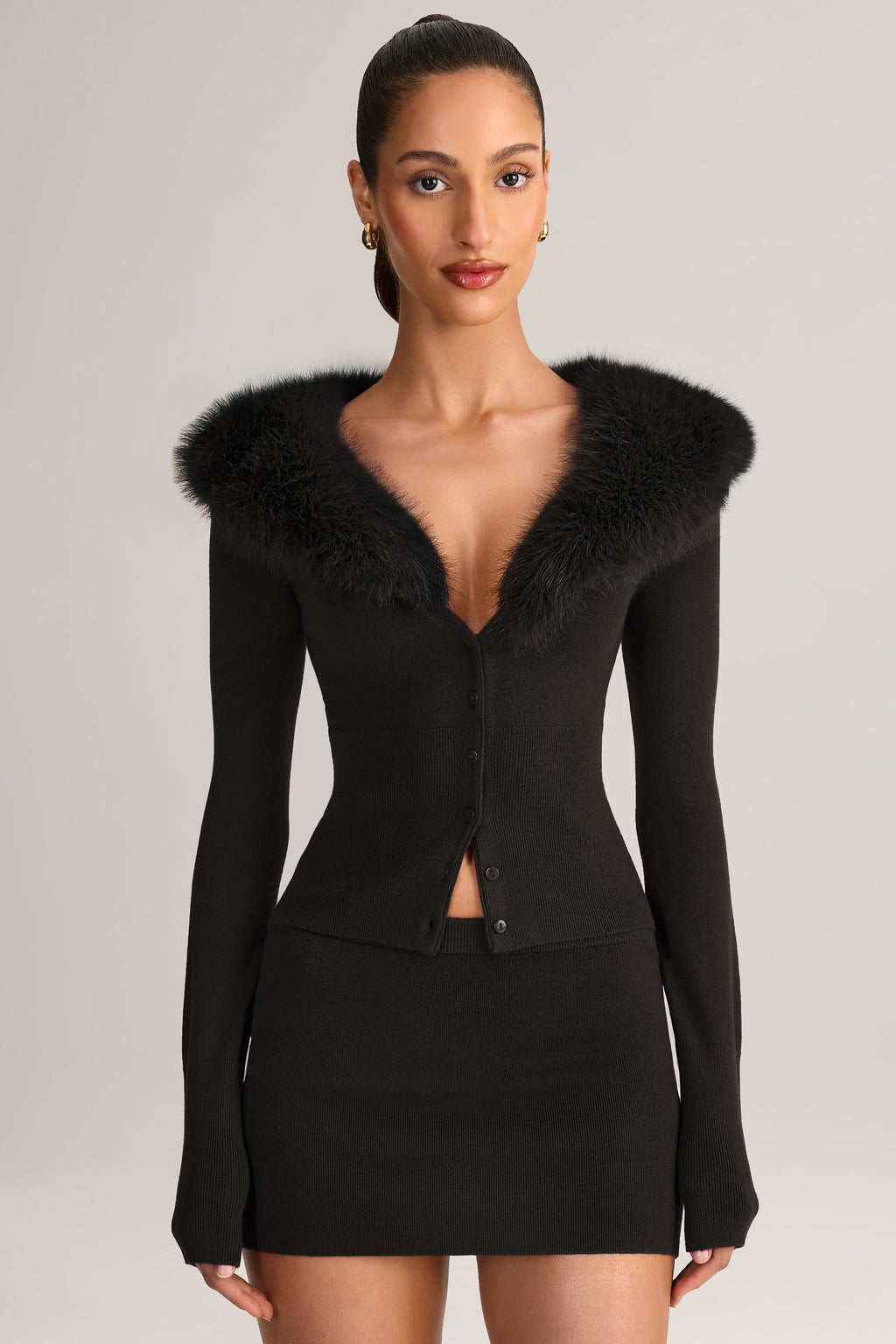Knit Faux Fur-Trim Cardigan in Black