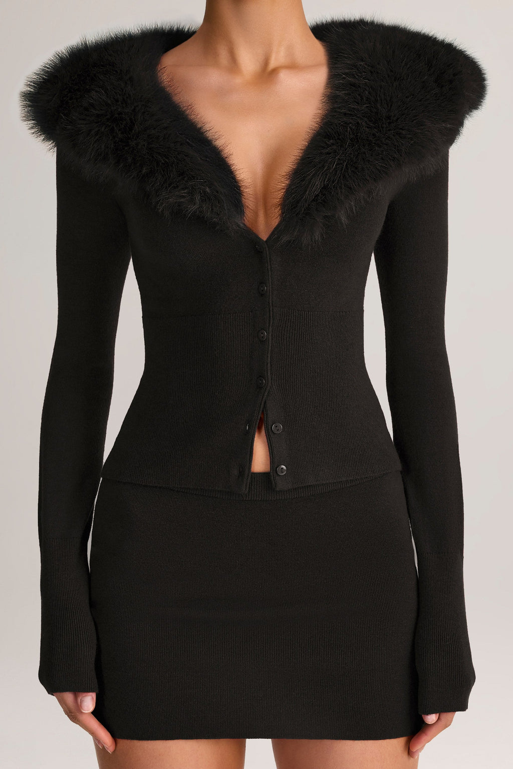 Knit Faux Fur-Trim Cardigan in Black