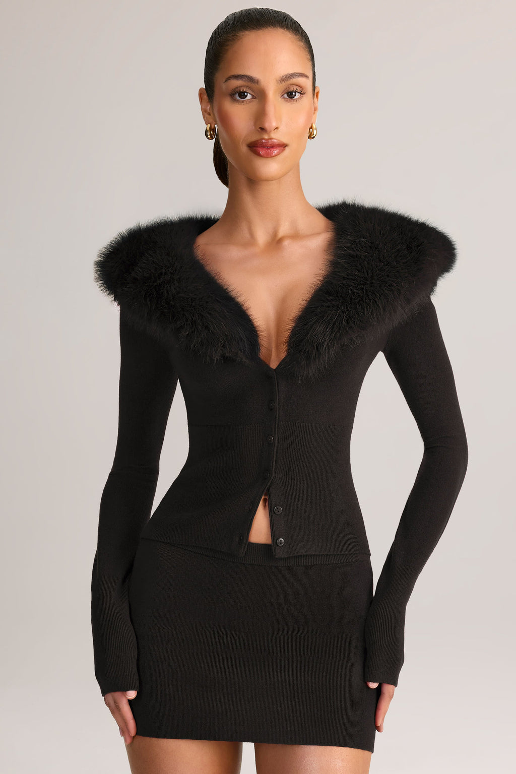 Knit Faux Fur-Trim Cardigan in Black