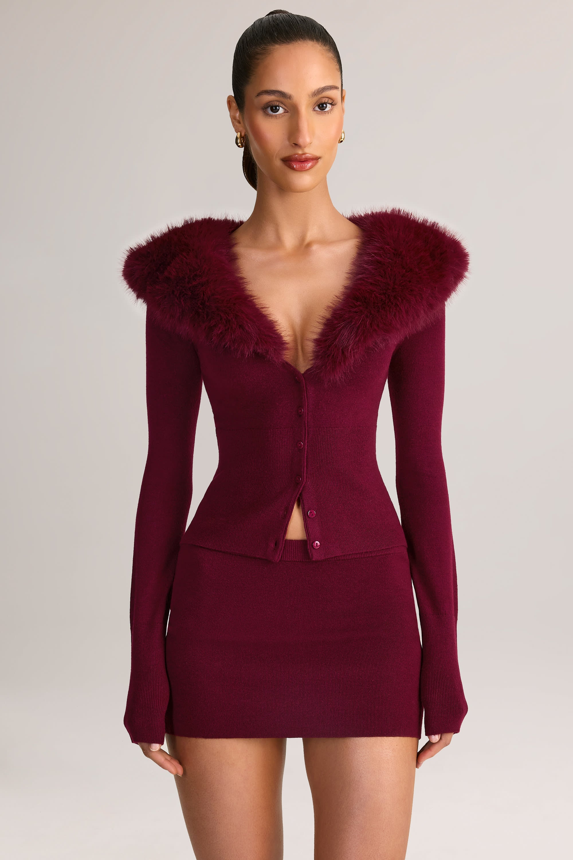 Knit Faux Fur-Trim Cardigan in Wine