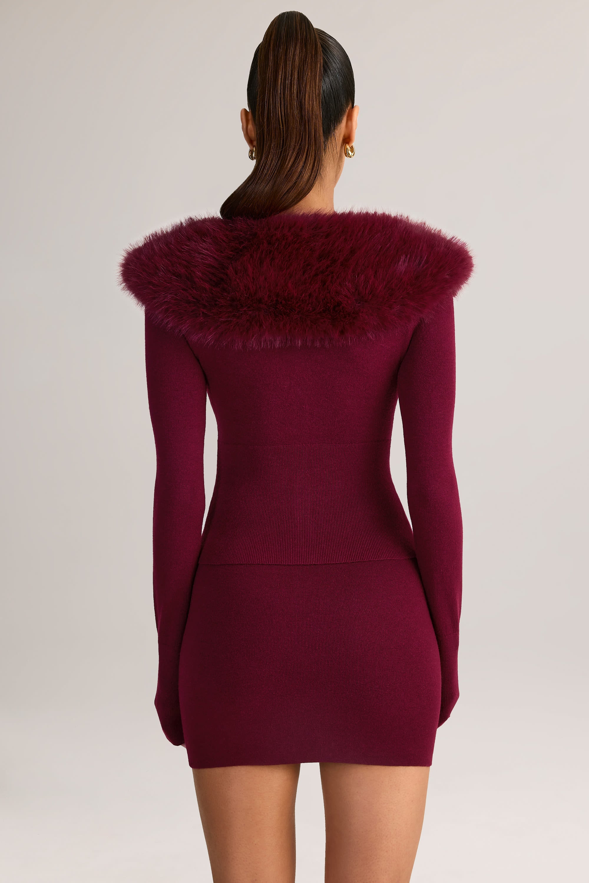 Knit Faux Fur-Trim Cardigan in Wine