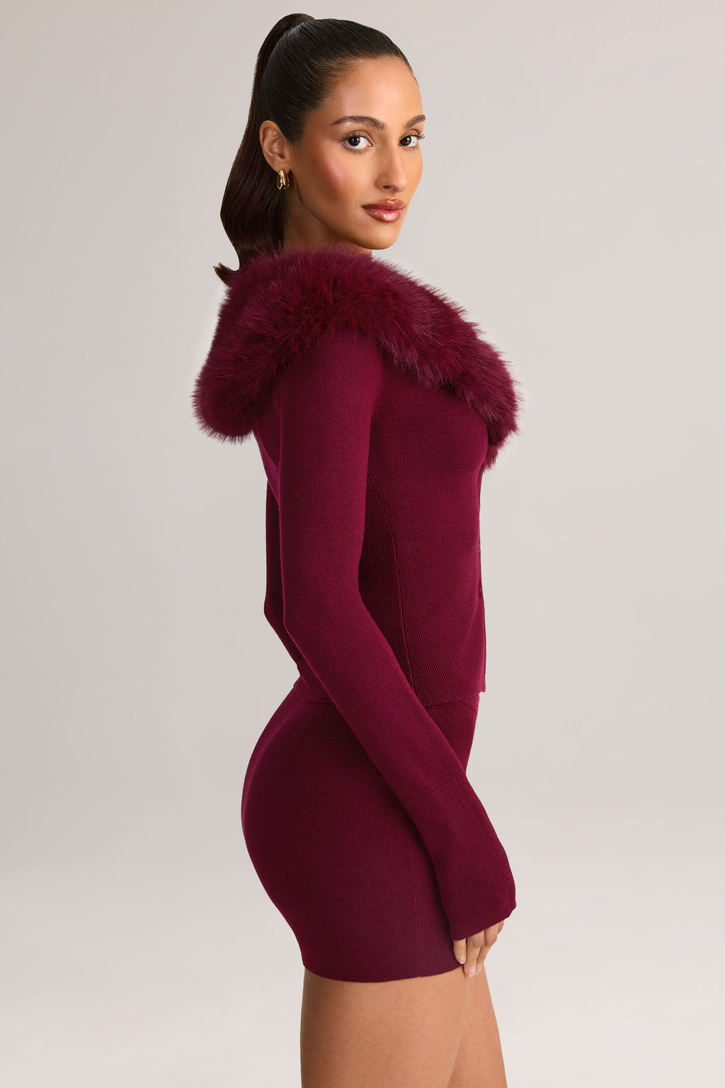 Knit Faux Fur-Trim Cardigan in Wine