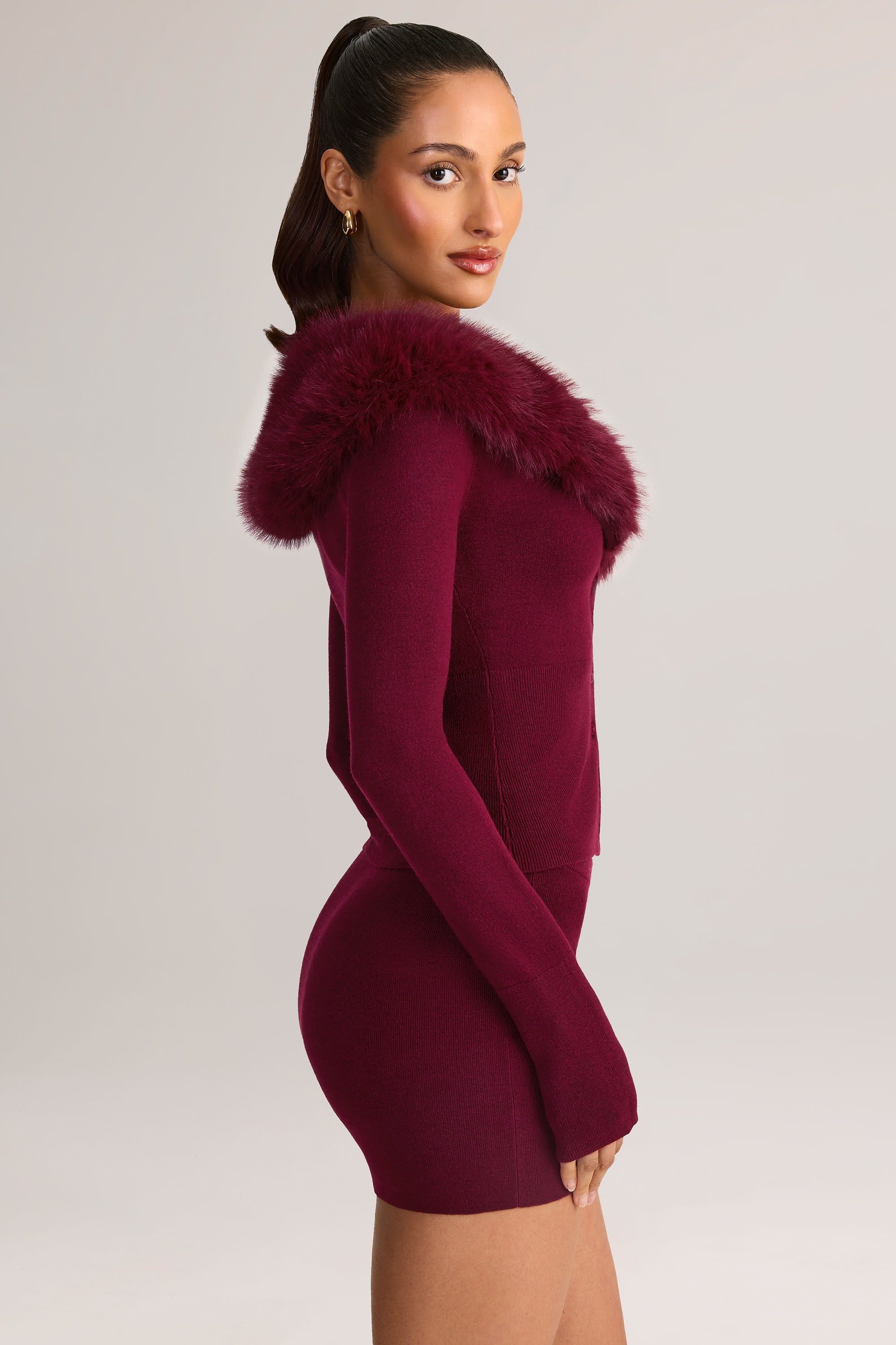 Knit Faux Fur-Trim Cardigan in Wine