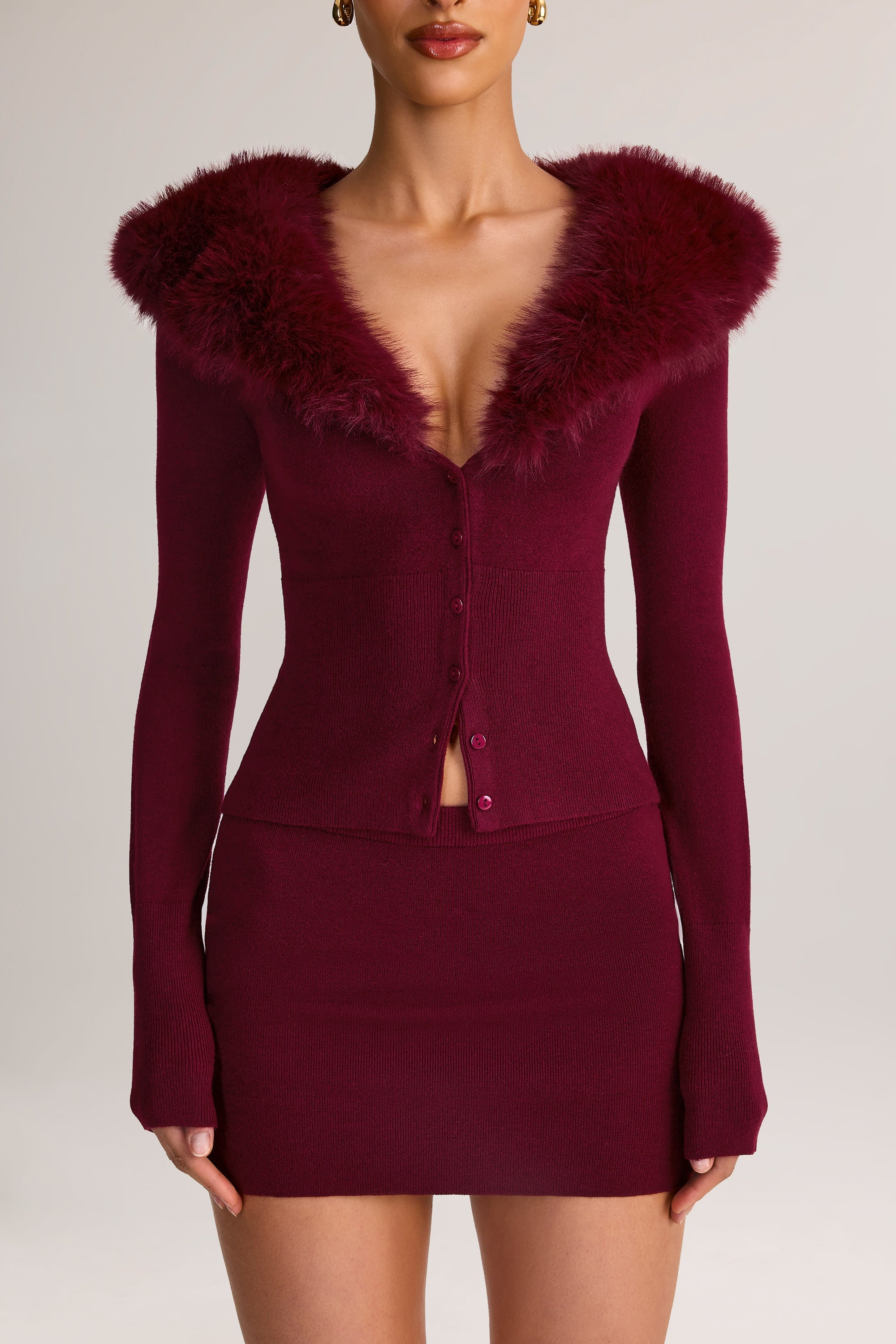 Knit Faux Fur-Trim Cardigan in Wine