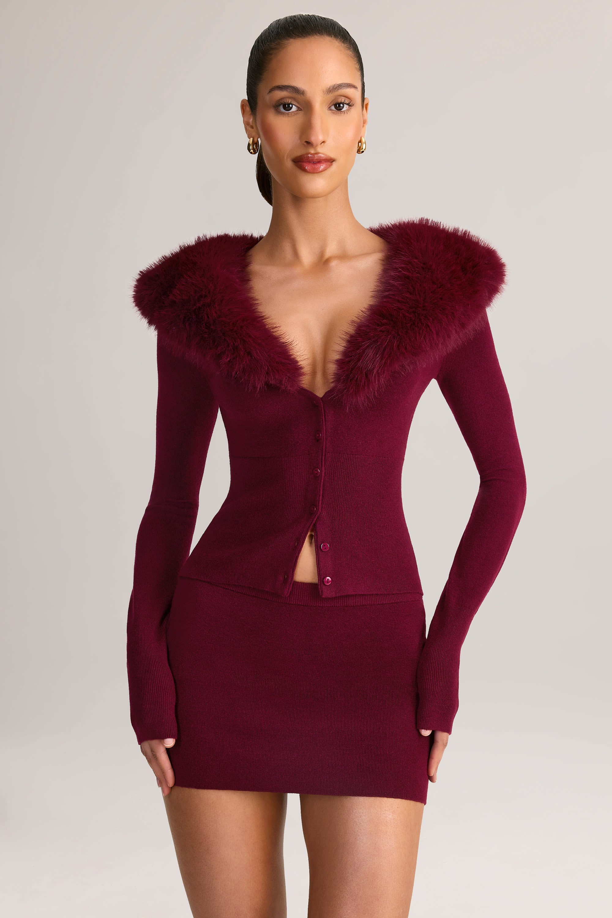 Knit Faux Fur-Trim Cardigan in Wine
