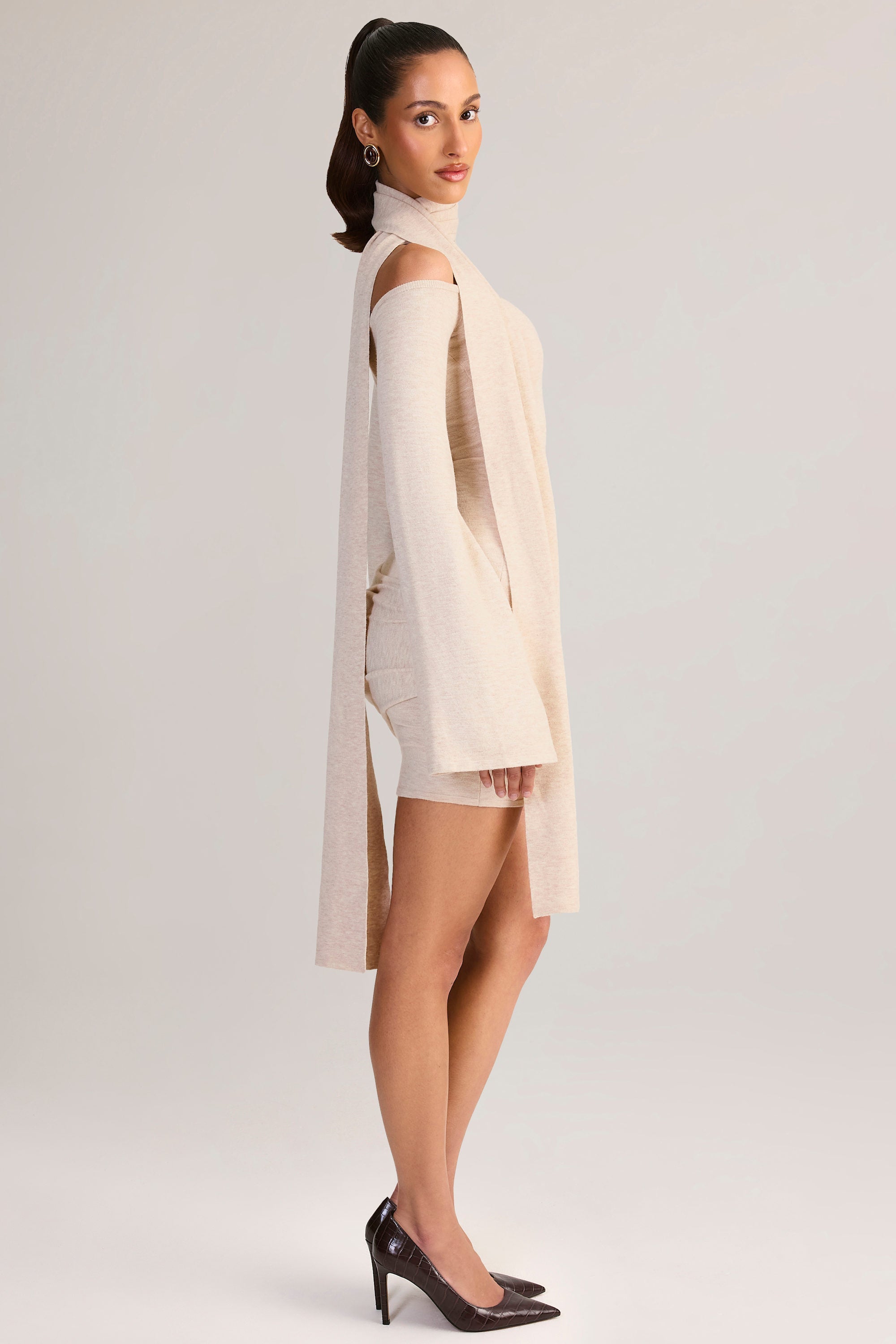 Knit Scarf-Detail Off-Shoulder Mini Dress in Cream