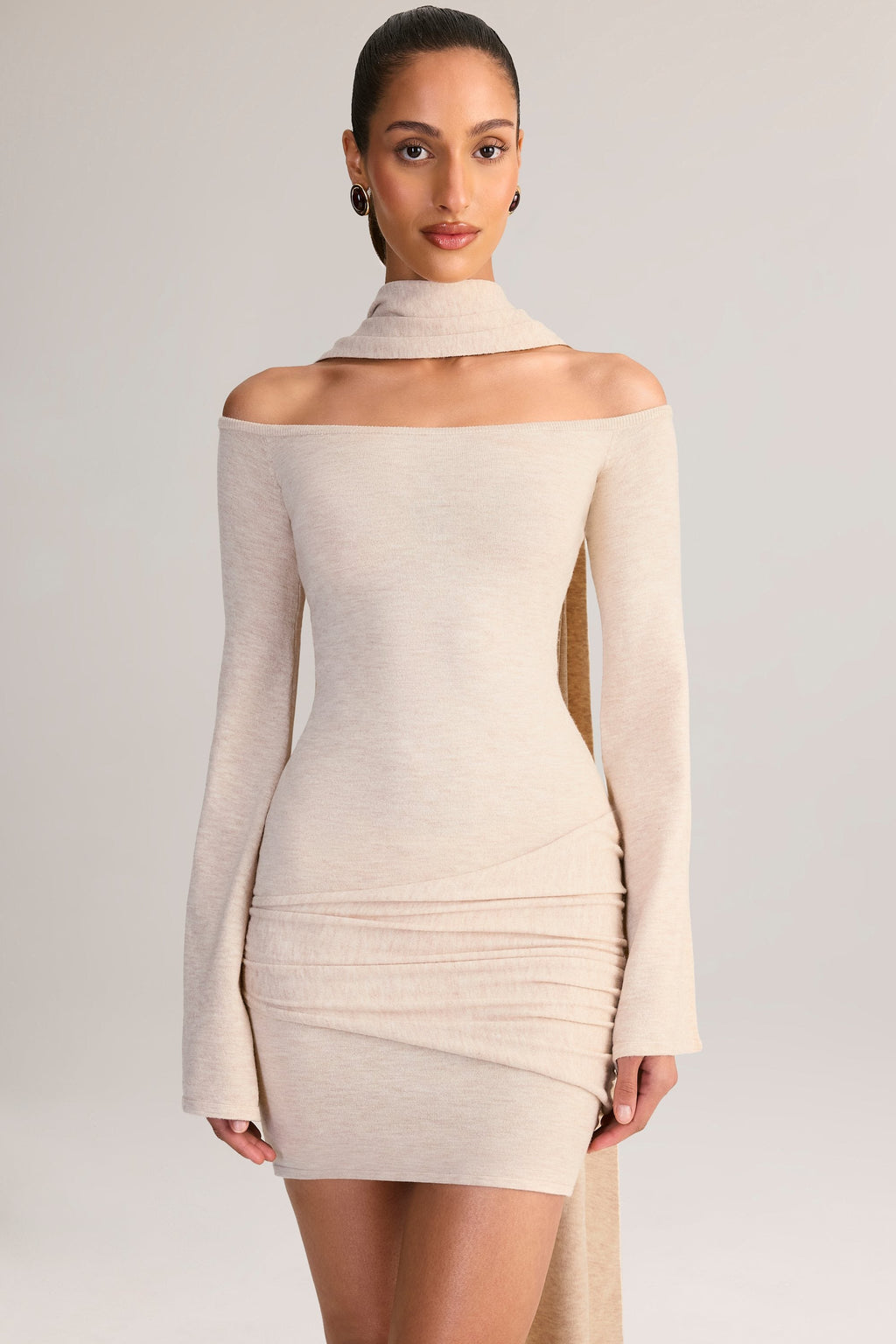 Knit Scarf-Detail Off-Shoulder Mini Dress in Cream