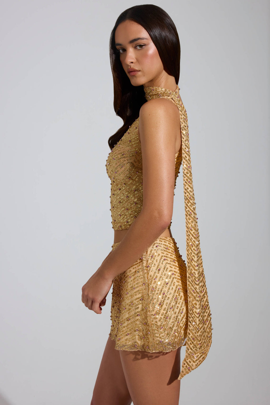 Embellished Scarf-Detail Asymmetric Top in Gold