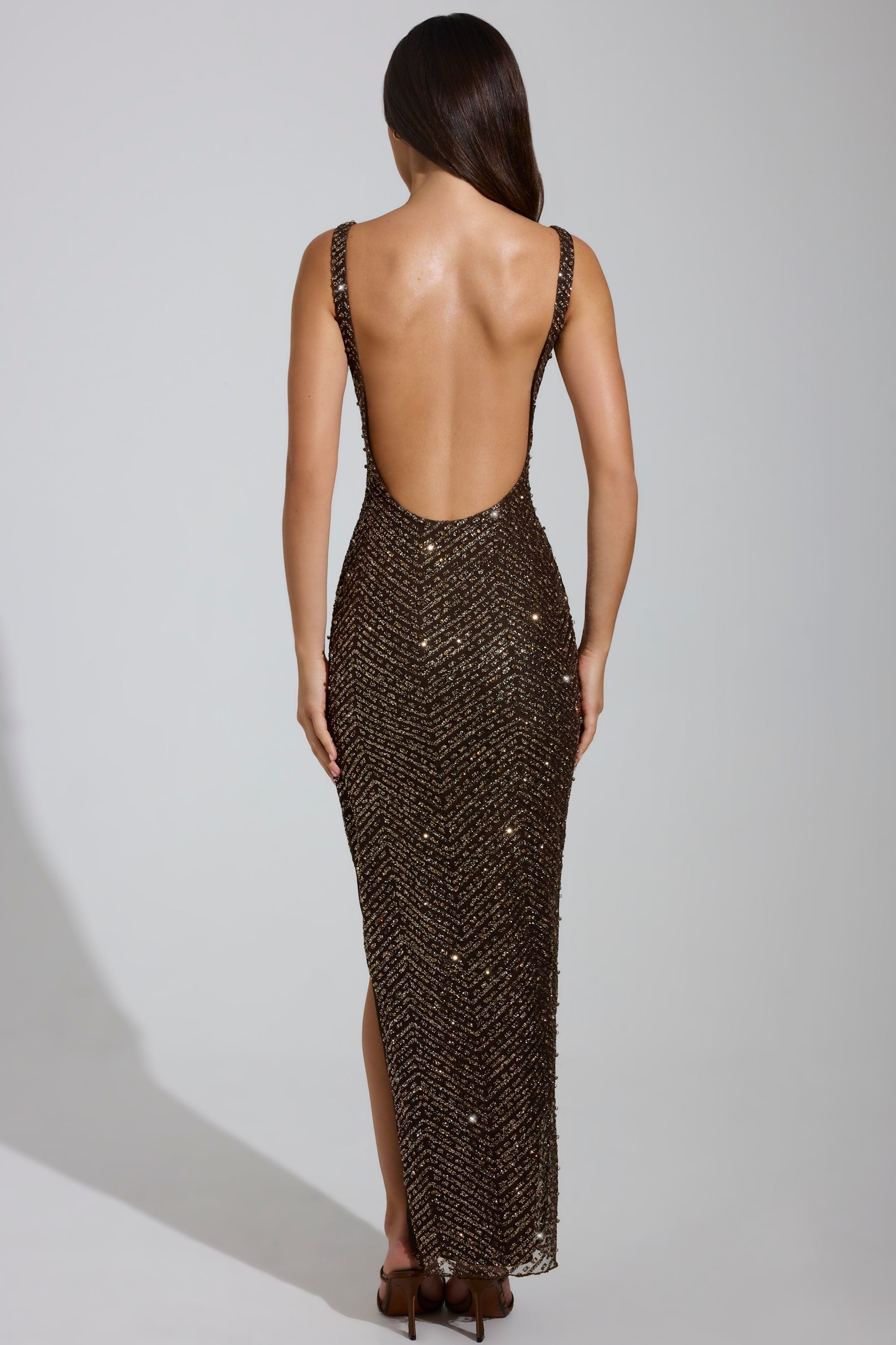 Embellished Scoop-Neck Maxi Dress in Brown