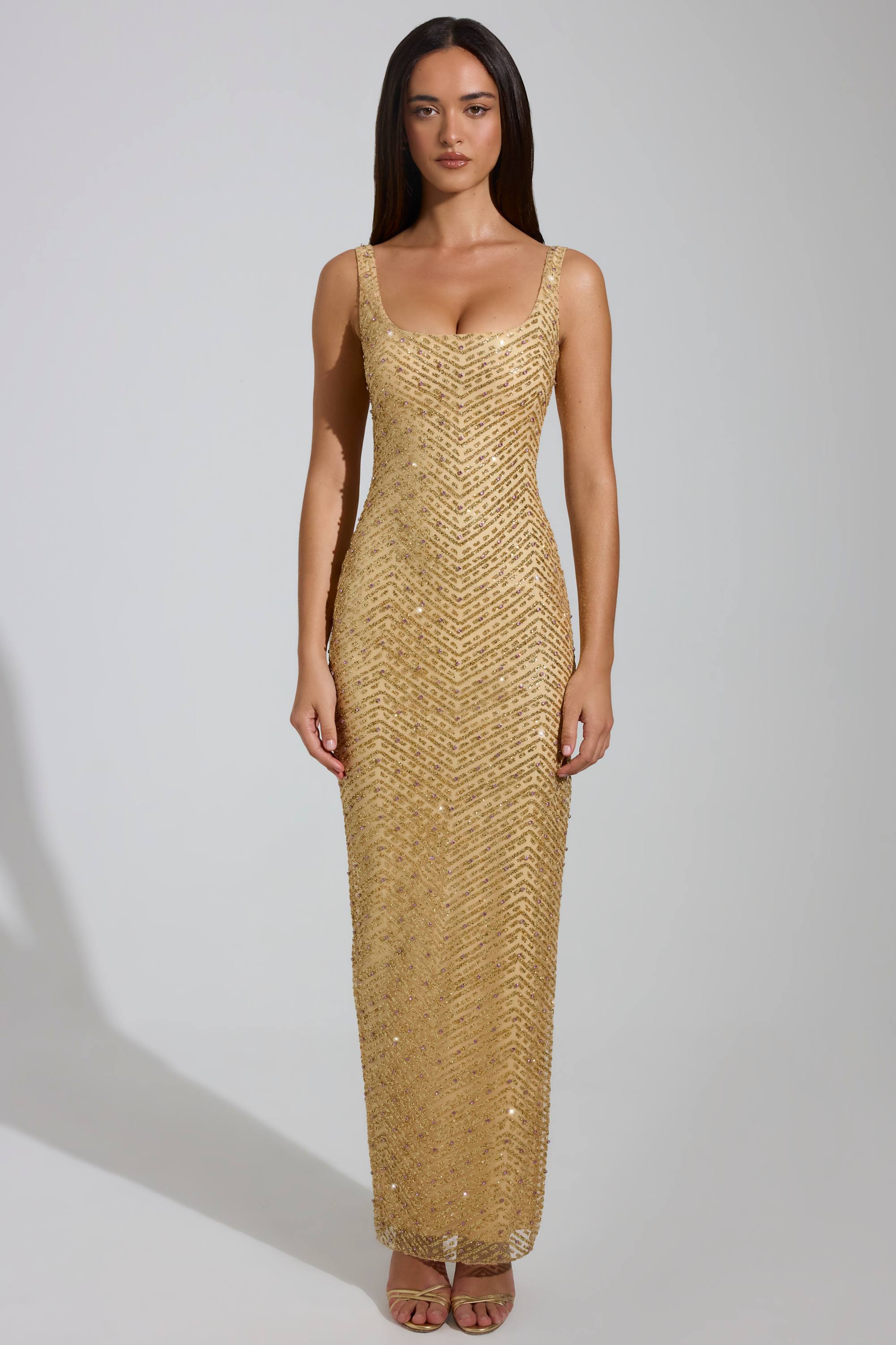 Embellished Scoop-Neck Maxi Dress in Gold