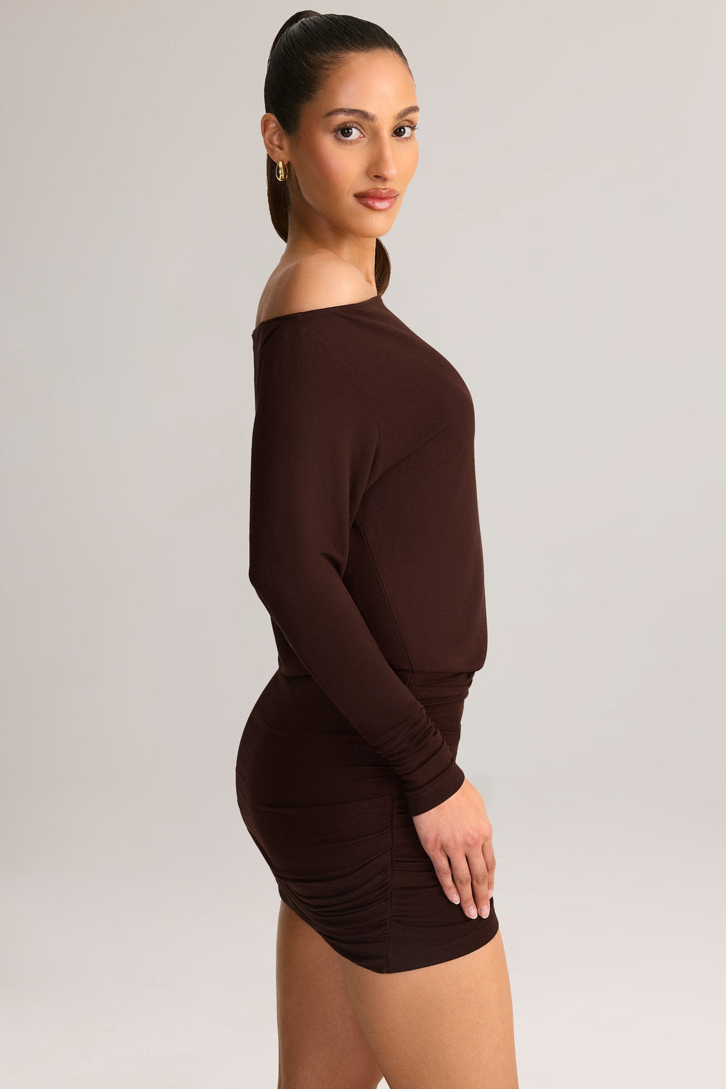 Modal Off-Shoulder Mini Dress in Chocolate Brown