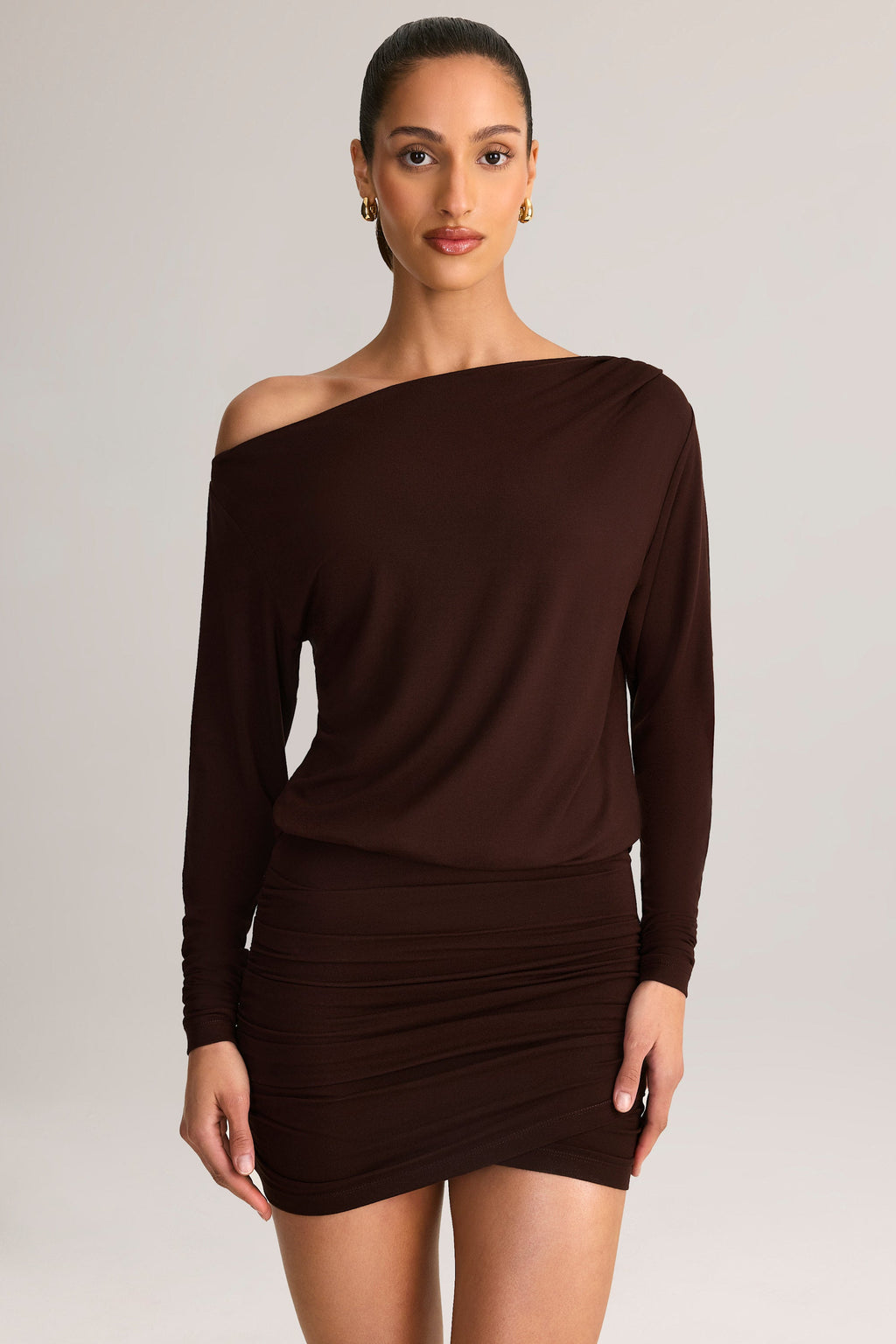 Modal Off-Shoulder Mini Dress in Chocolate Brown