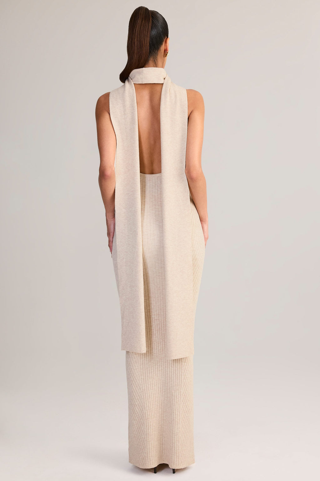 Knit Scarf-Detail Halterneck Maxi Dress in Cream