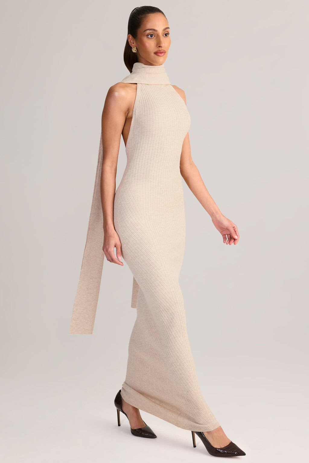 Knit Scarf-Detail Halterneck Maxi Dress in Cream
